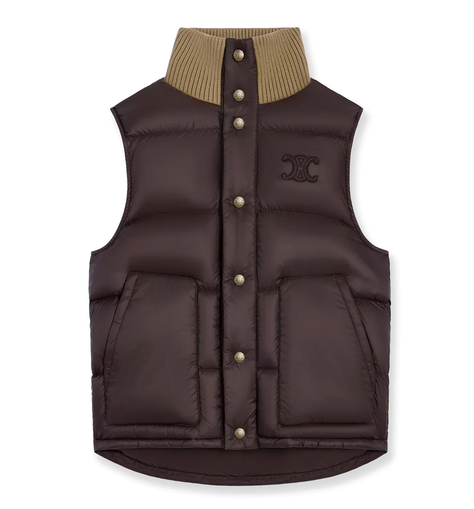 Sleeveless Down Jacket With Triomphe Patch -Brown
