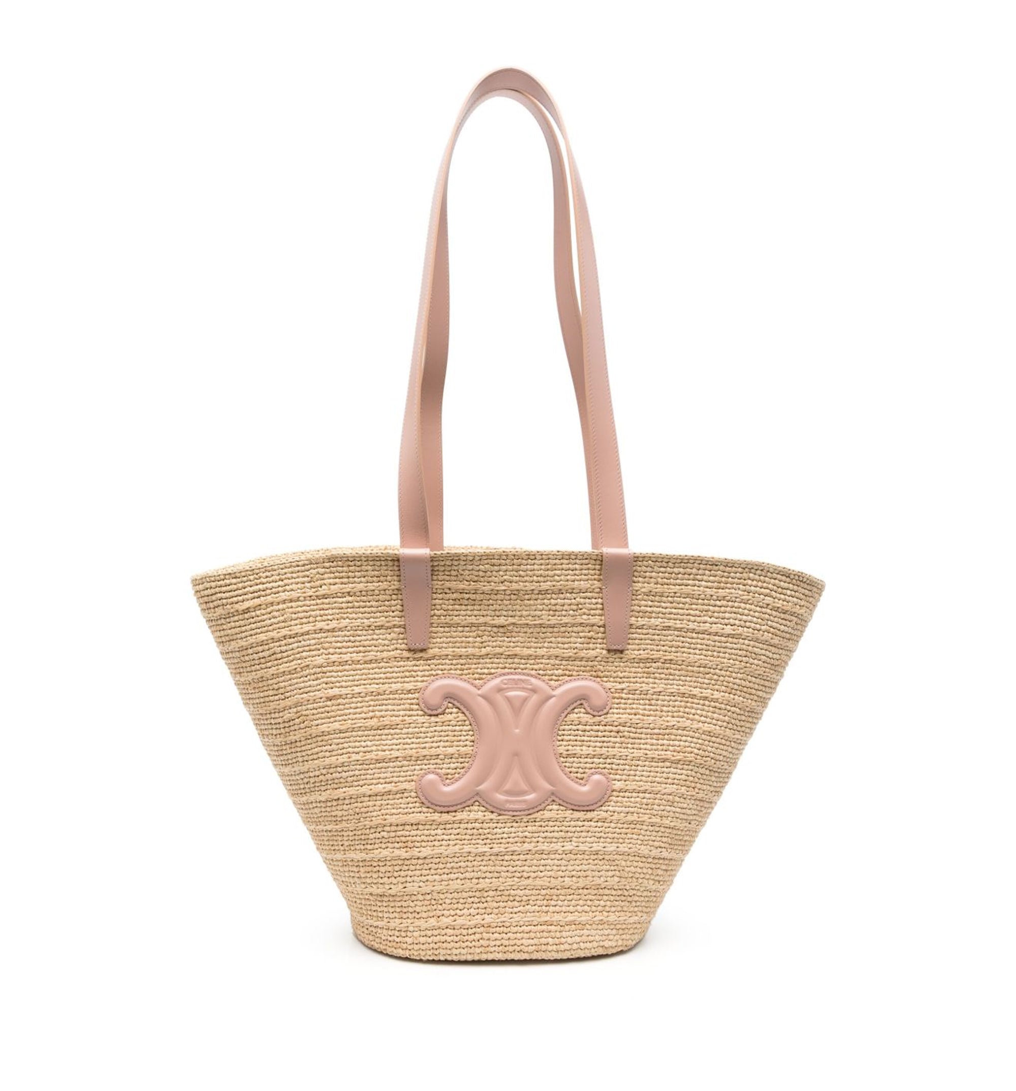 Medium Supple Classic Panier in Raffia and Calfskin - Natural / Pink
