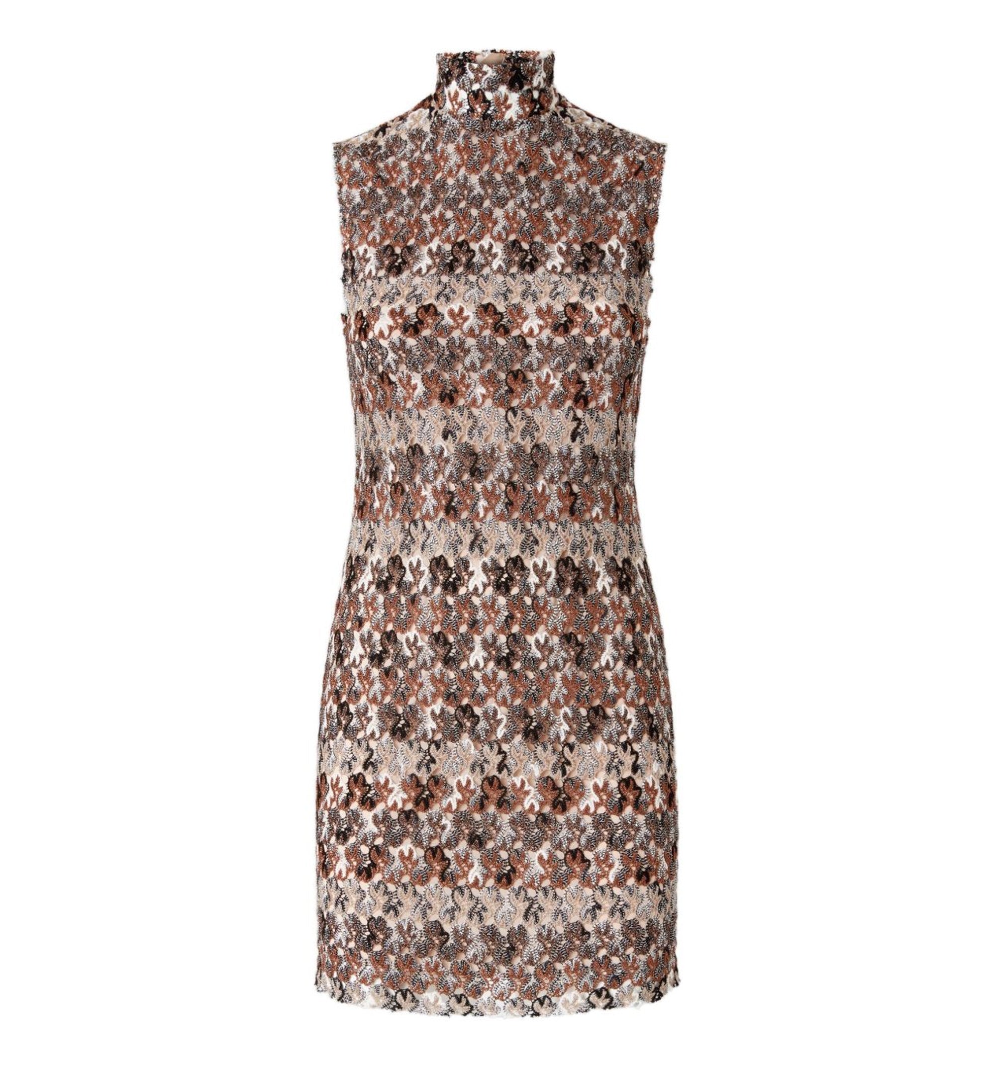 High-neck Mini Dress In Embroidered Lace - Multicolor