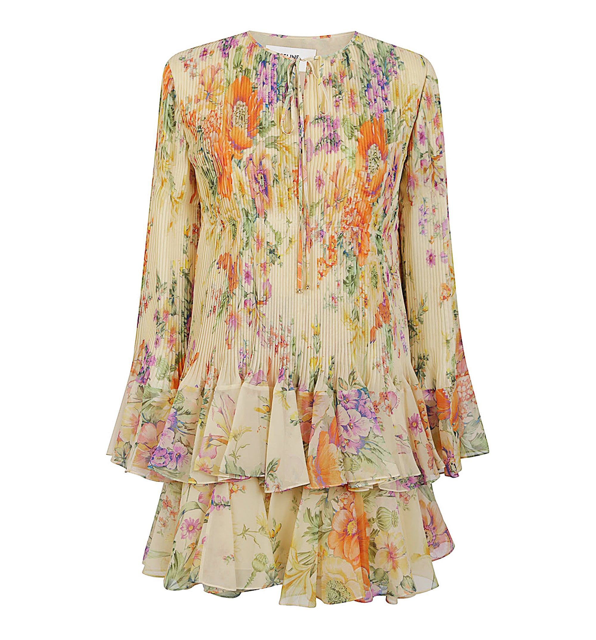 Mini Pleated Dress in Silk Georgette - Pale Yellow/Multicolour