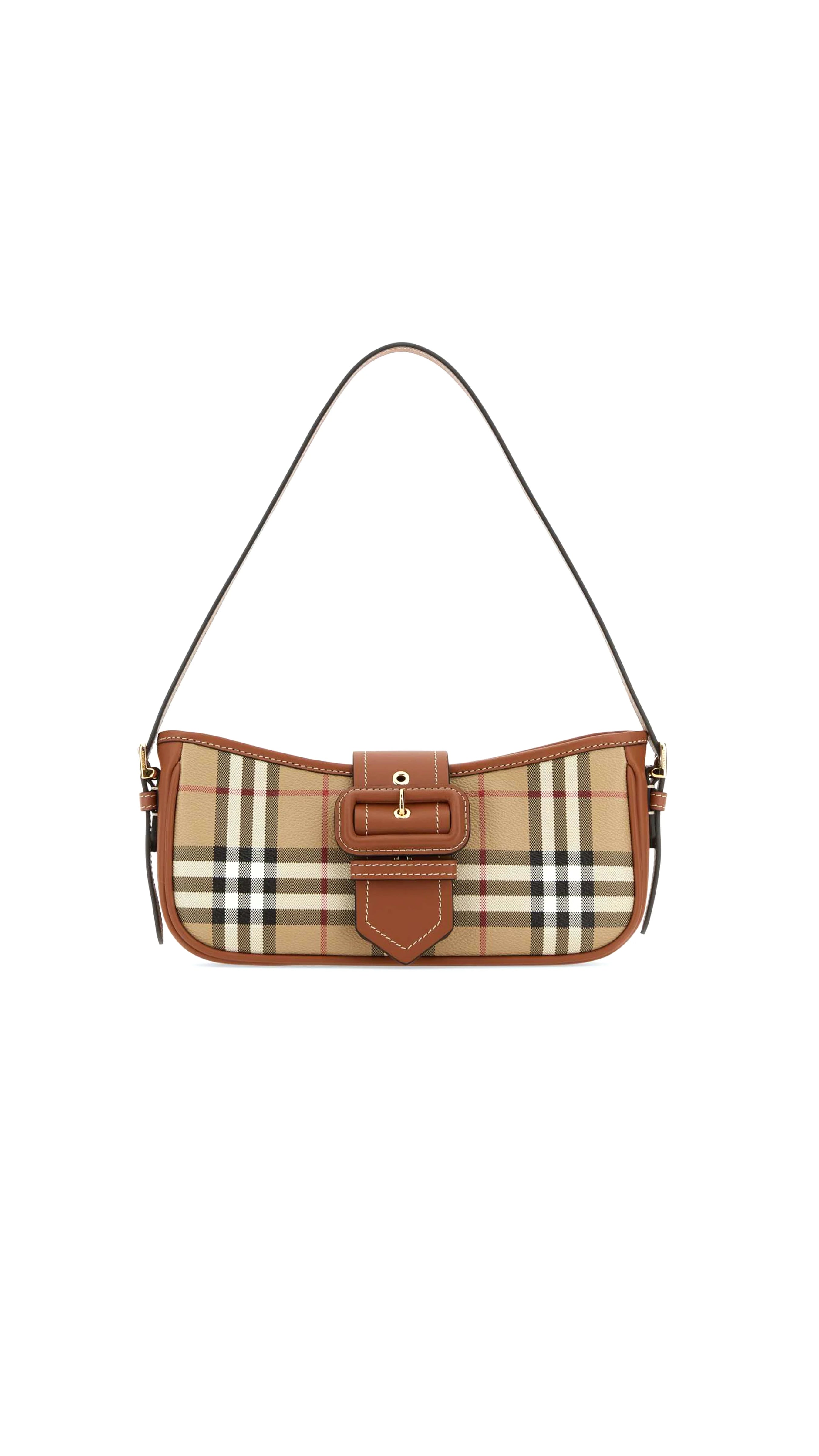 Vintage Checked Buckled Shoulder Bag - Beige