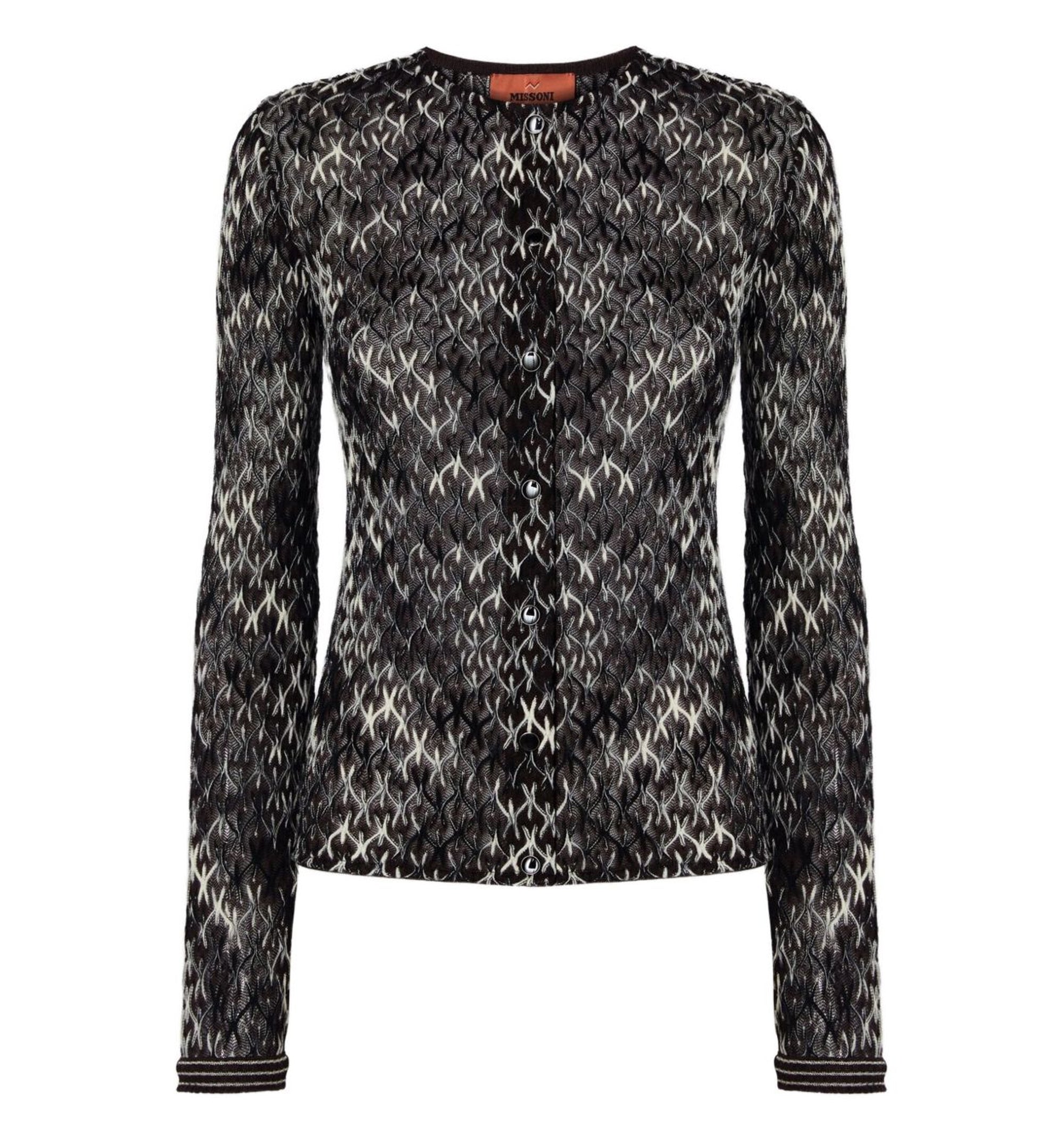 Slim Crew Neck Cardigan In Flame Lace - Brown