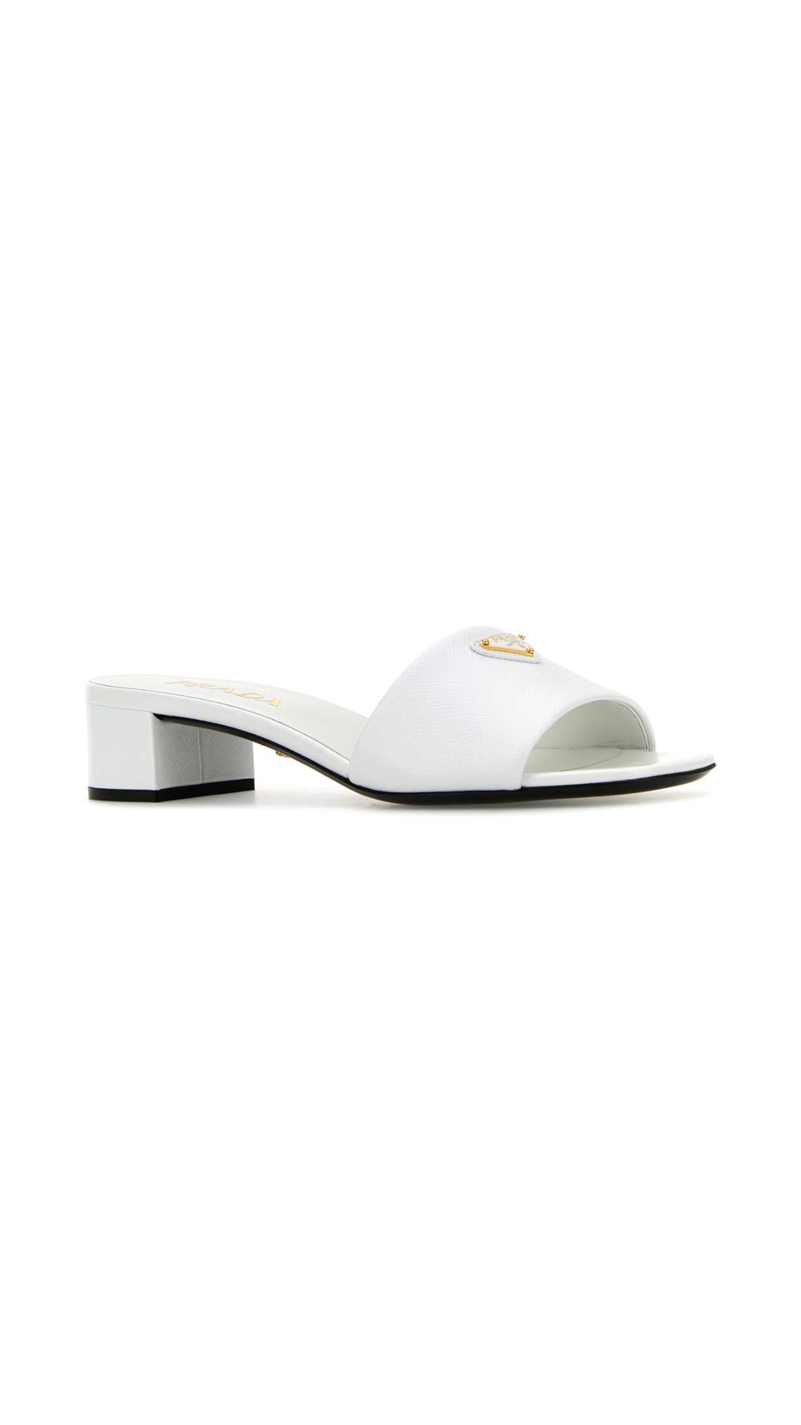 Saffiano Heeled Patent Leather Mules - White