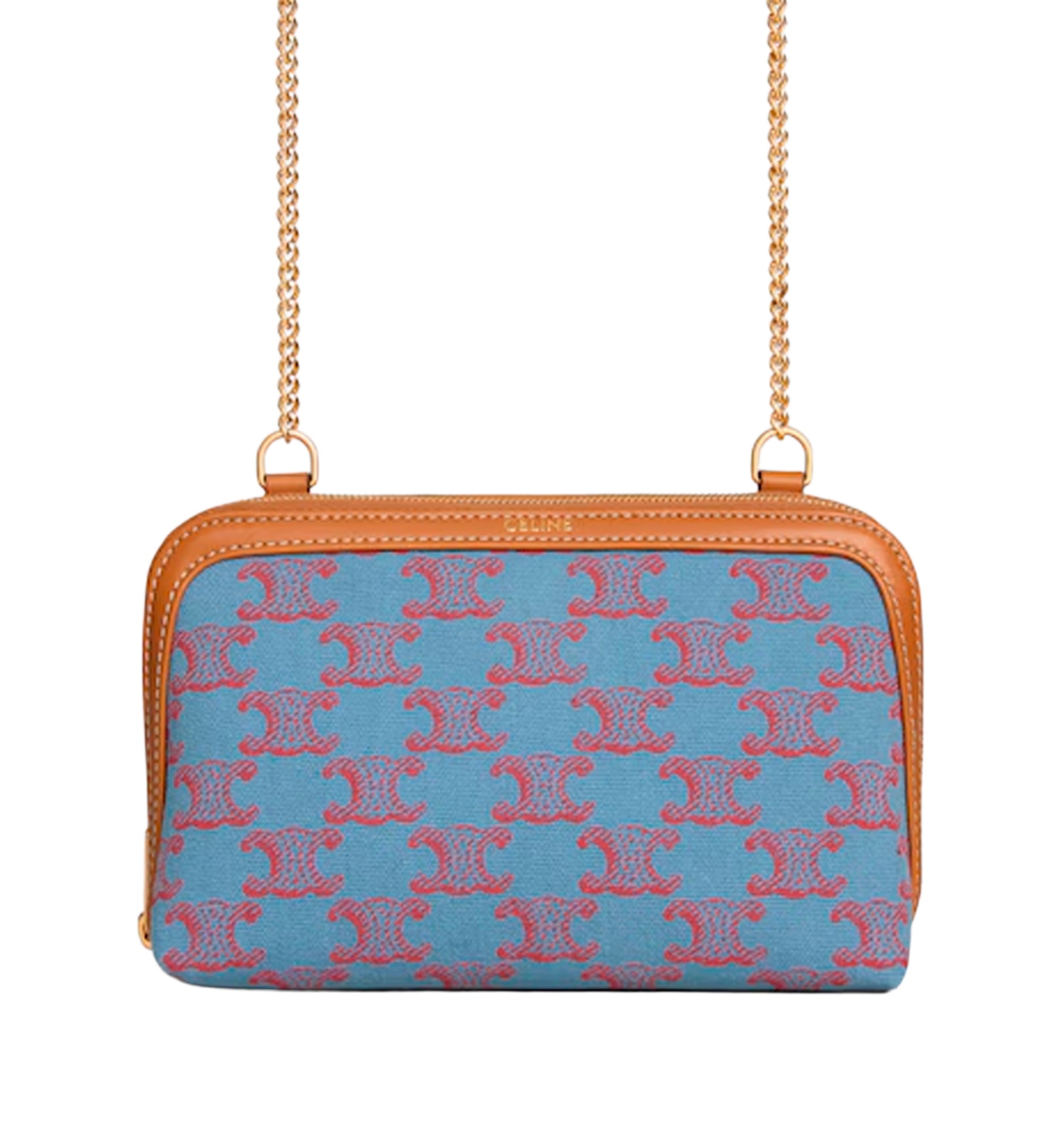 Clutch On Chain In Textile With Triomphe All Over And Natural Calfskin