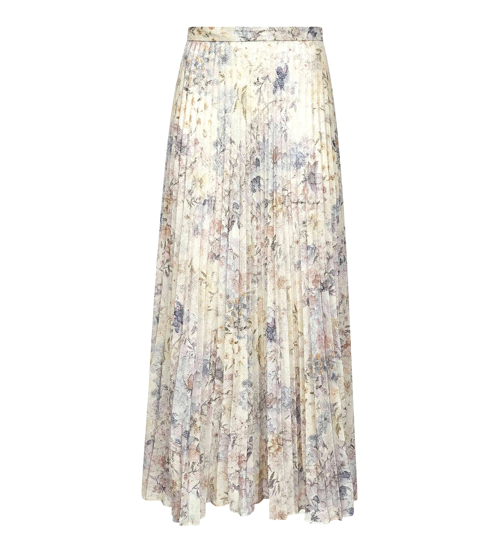 Long Pleated Skirt with Multicolor Floral Sequin Print