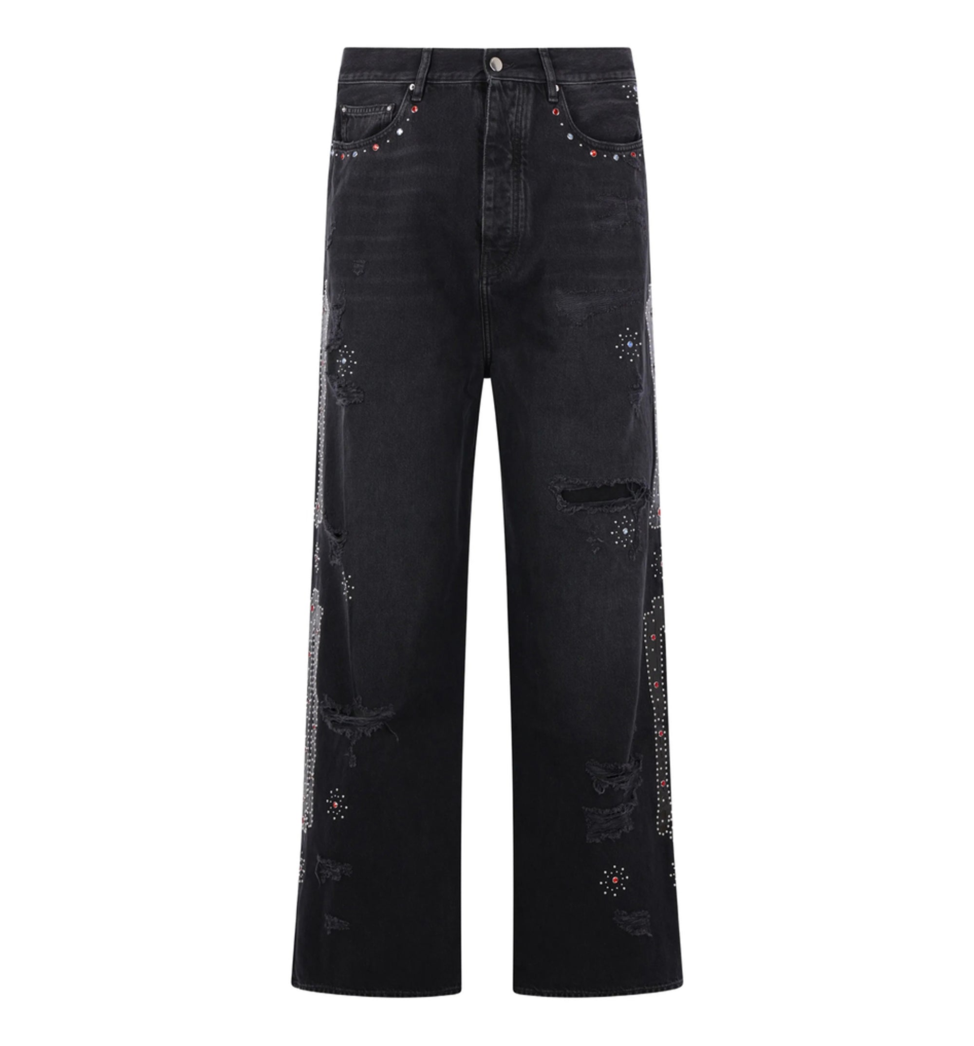 Studded Distressed Wide-Leg Jeans