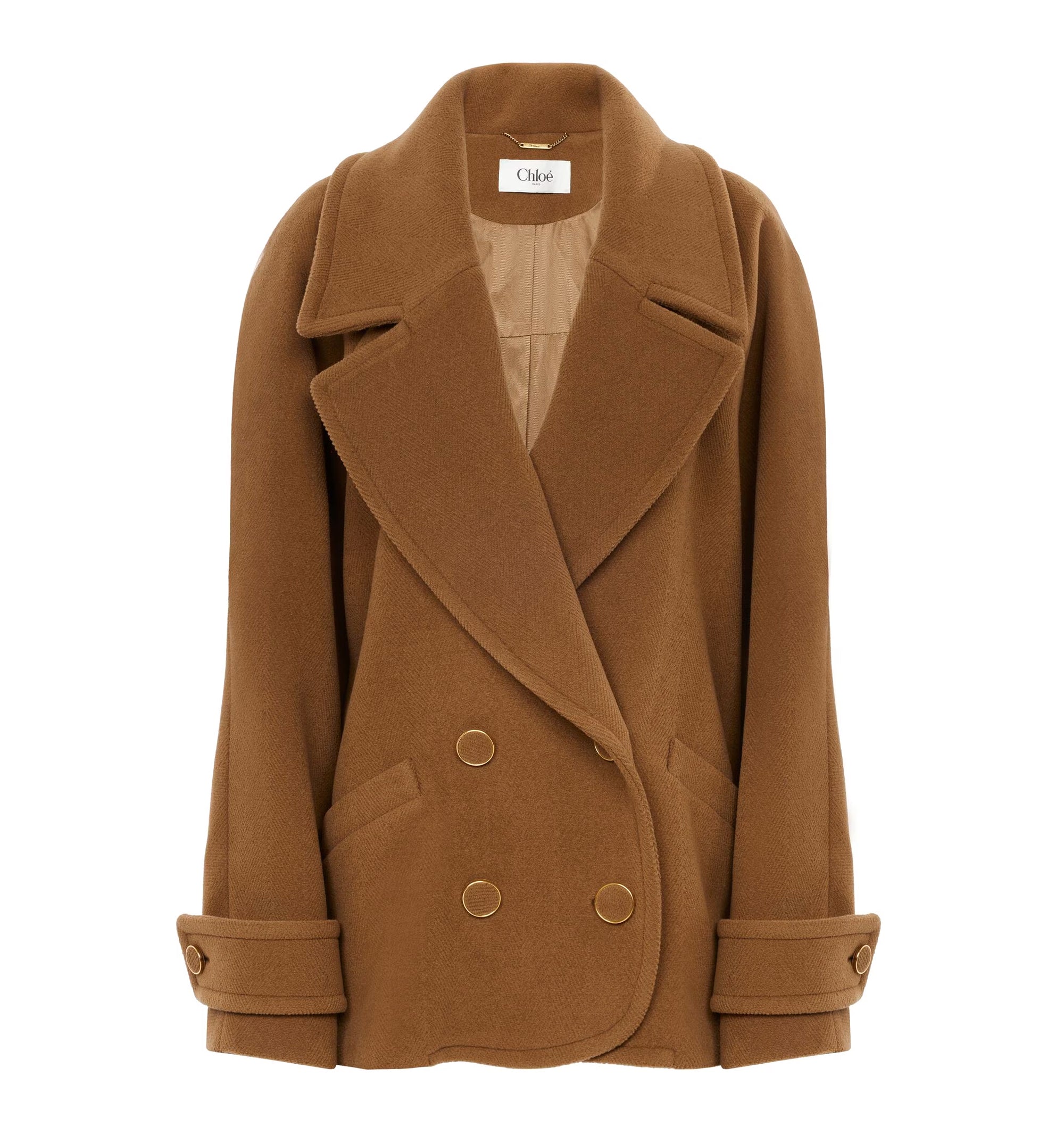 Double-breasted short coat in herringbone wool