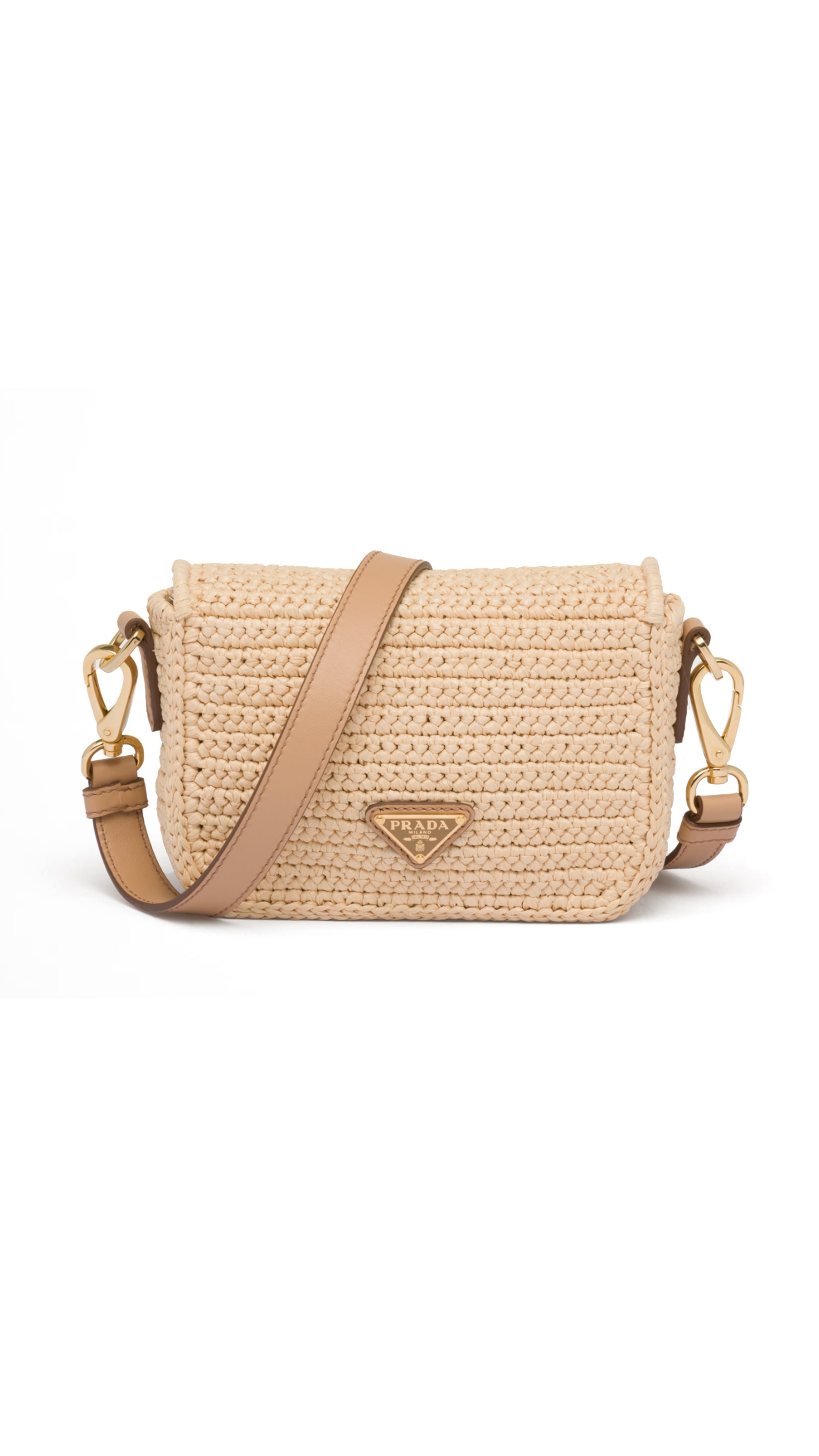 Crochet and Leather Shoulder Bag with Flap Closure - Natural