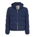 Stretch bonded nylon down jacket with heat-bonded seams and detachable hood
