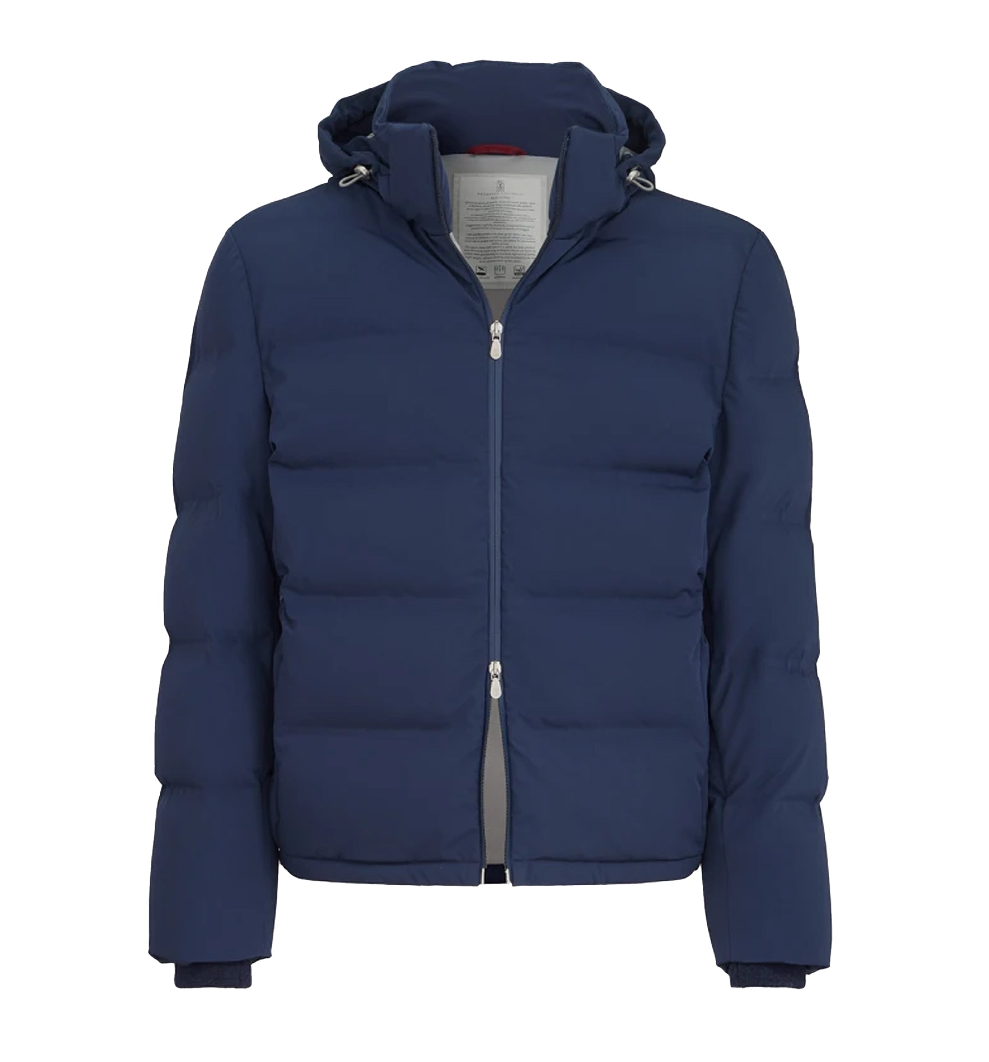 Stretch bonded nylon down jacket with heat-bonded seams and detachable hood