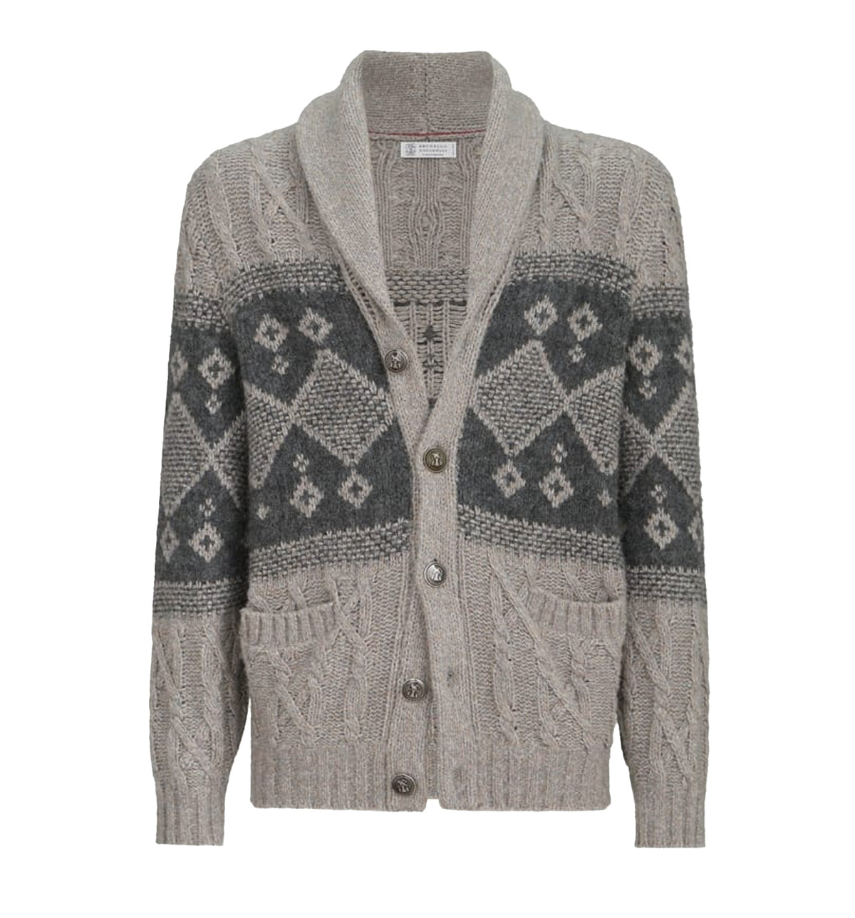 Virgin wool, silk and cashmere chiné cable knit cardigan with intarsia