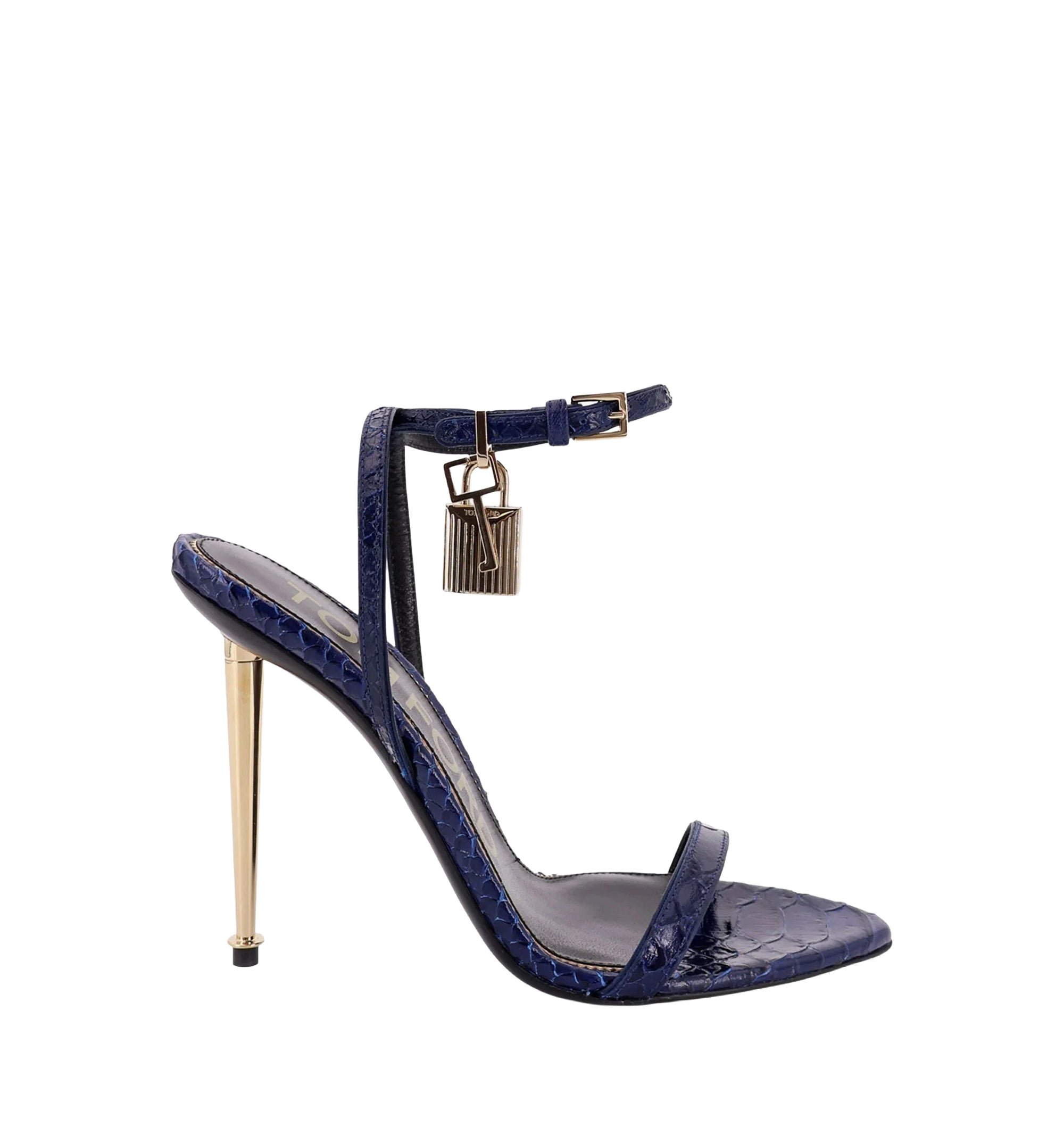 Semi Shiny Printed Python Padlock Pointy Naked Sandal