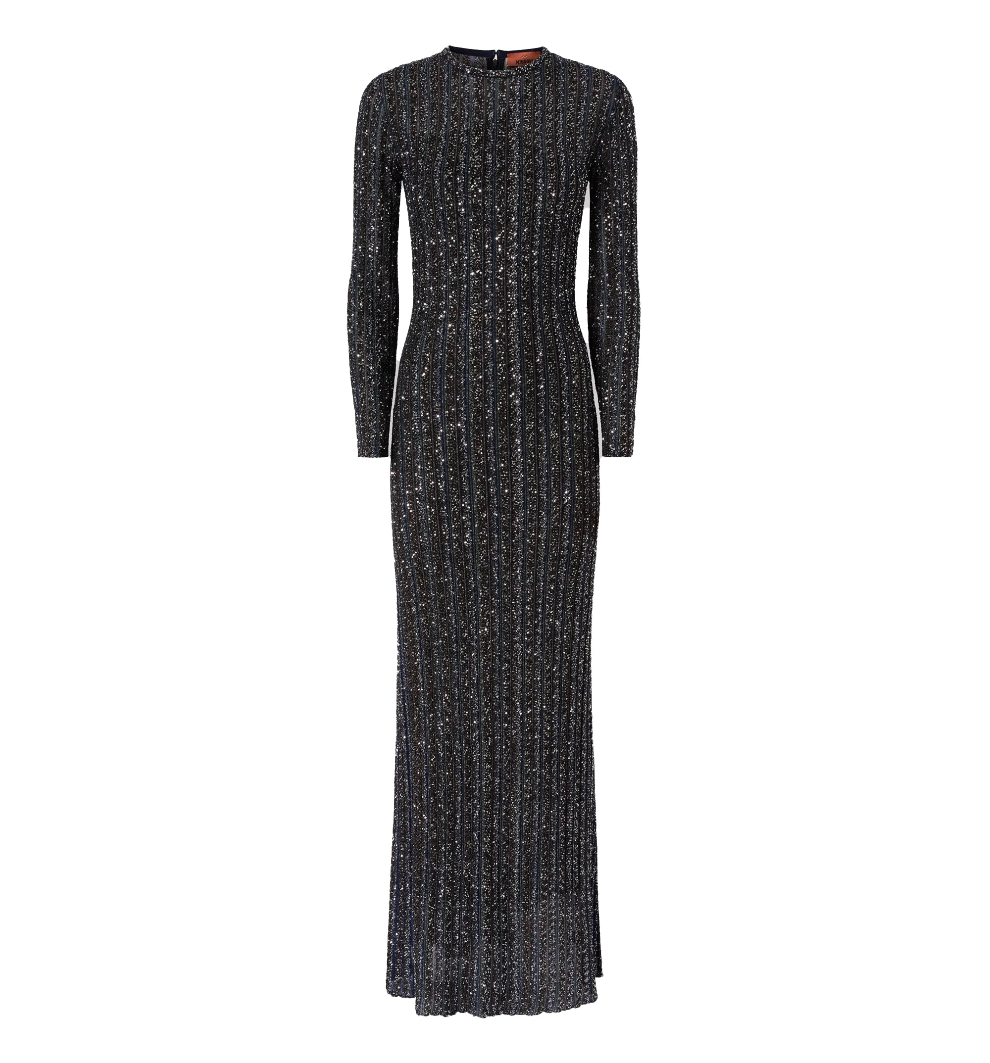 Long crewneck striped knit dress with sequins