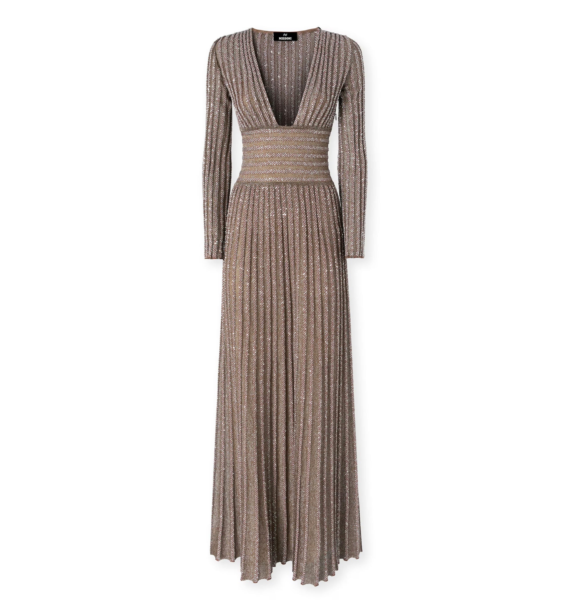 Long-sleeve deep neckline maxi dress