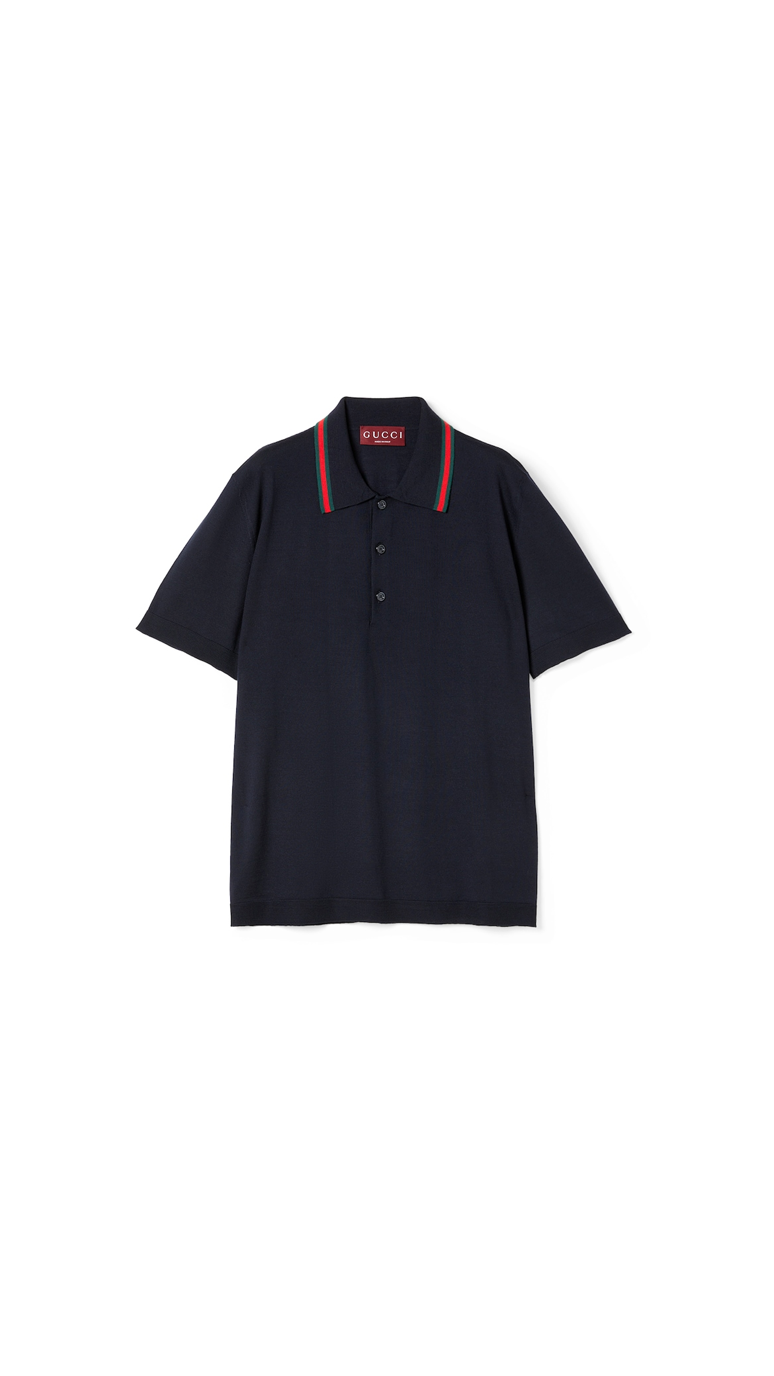 Wool Knit Polo Shirt With Web - Dark Blue