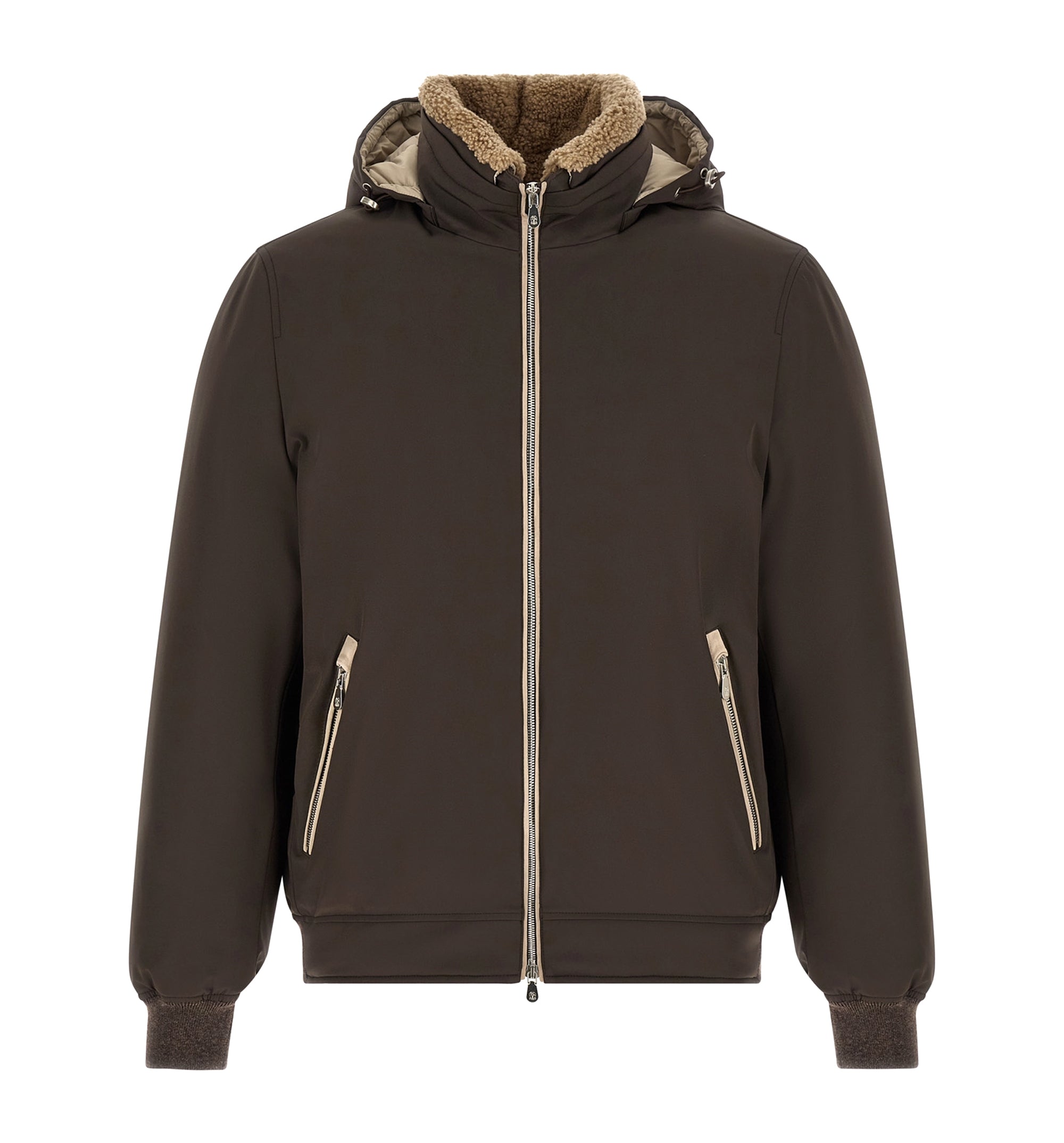 Stretch bonded nylon down jacket with detachable hood