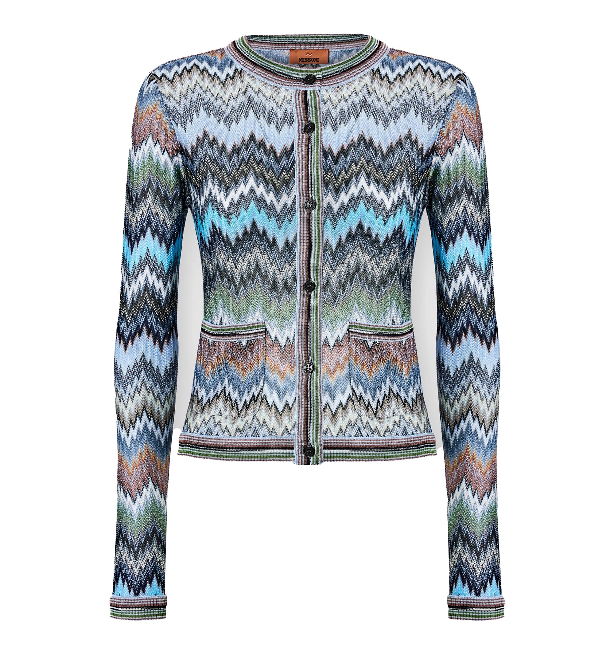 Snake-Pattern Viscose Chevron Cardigan with Patch Pockets
