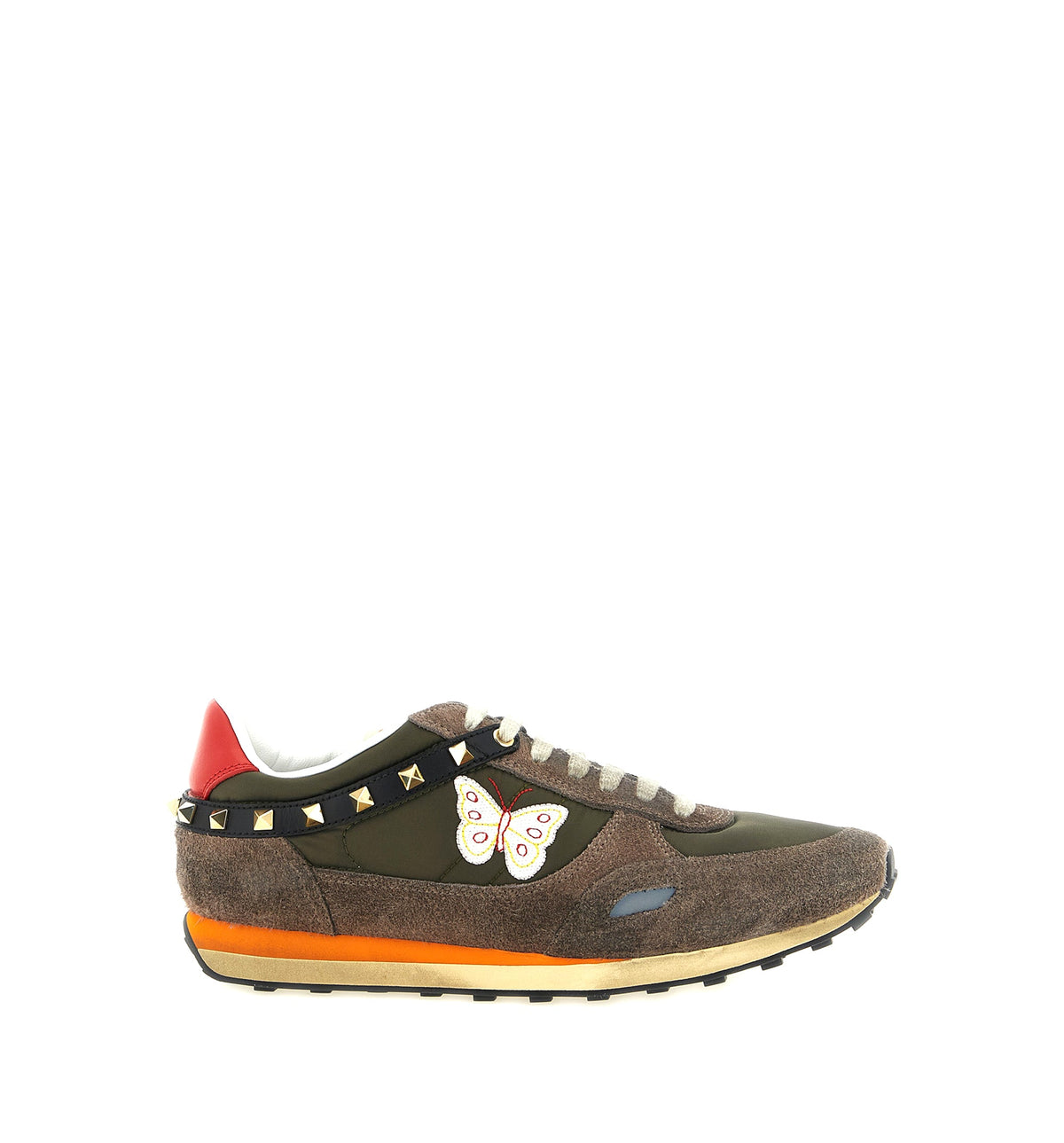 Stud Up Sneaker in Split Leather and Nylon with Butterfly Embroidery