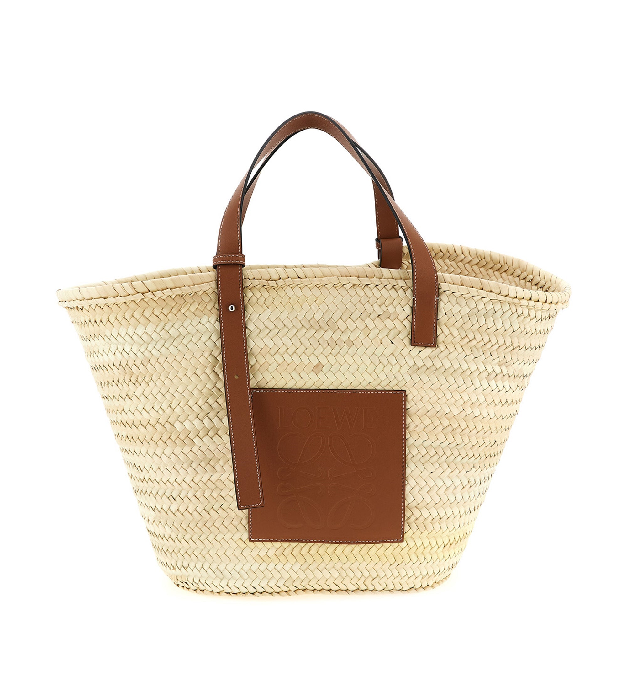 Large Classic Basket In Palm Leaf And Calfskin