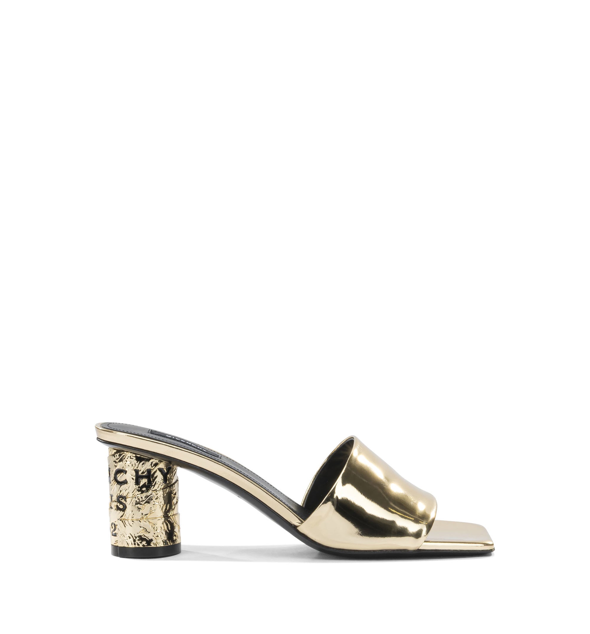 Tape Heeled Mules in Mirror Effect Leather