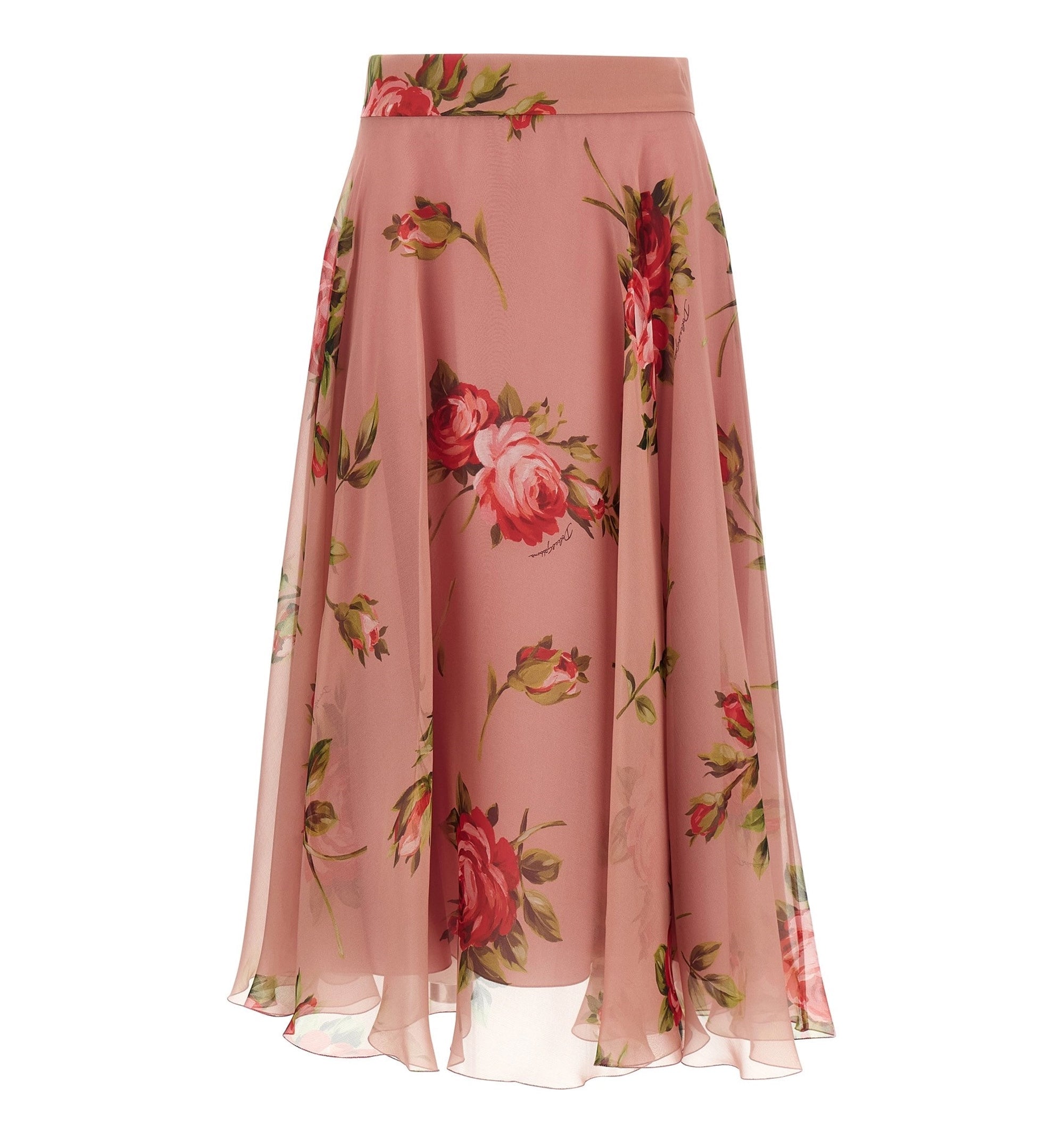 Rose Bouquet-Print Chiffon Circle Skirt