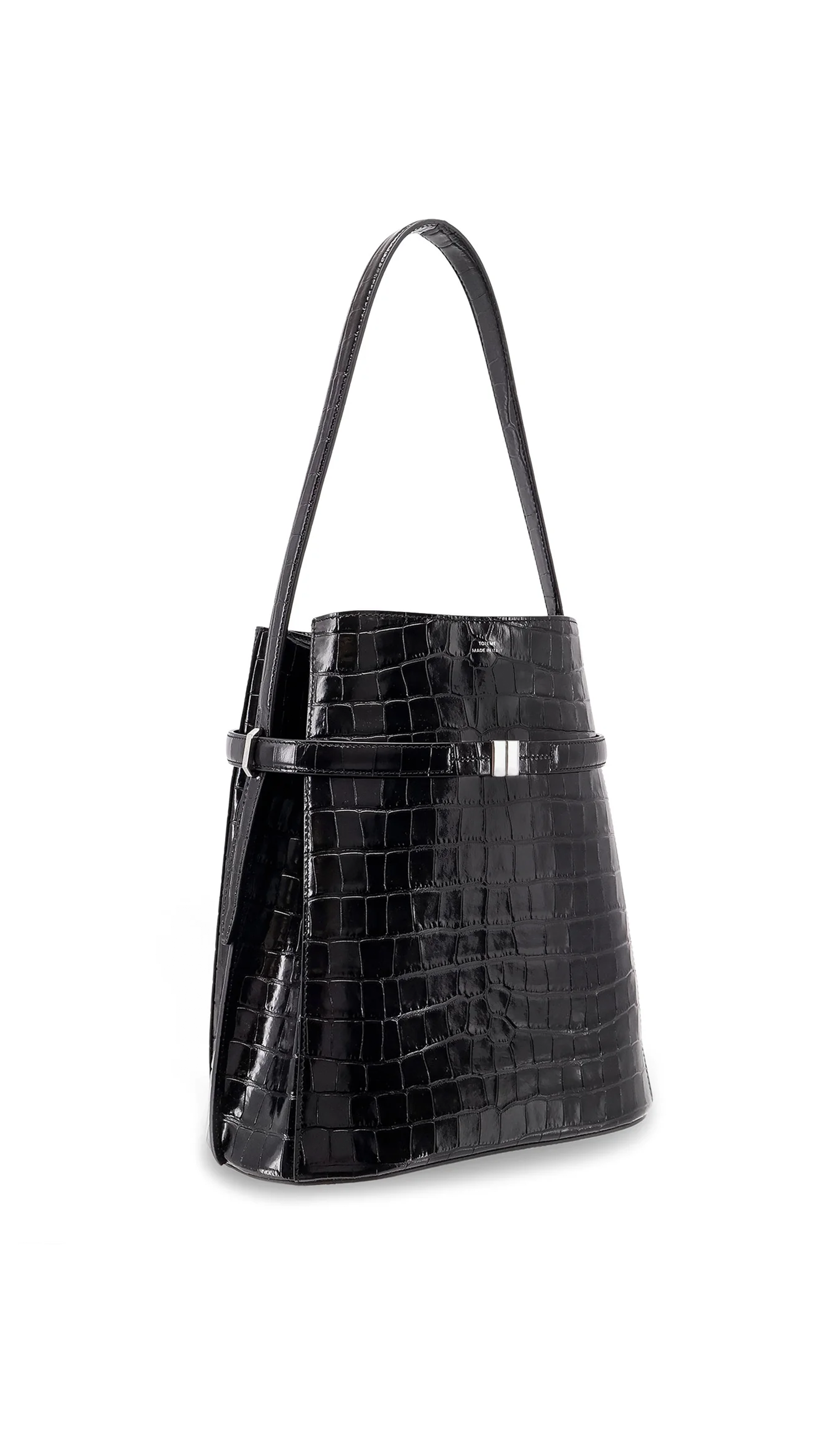 Belted Croco-Embossed Bucket Bag - Black