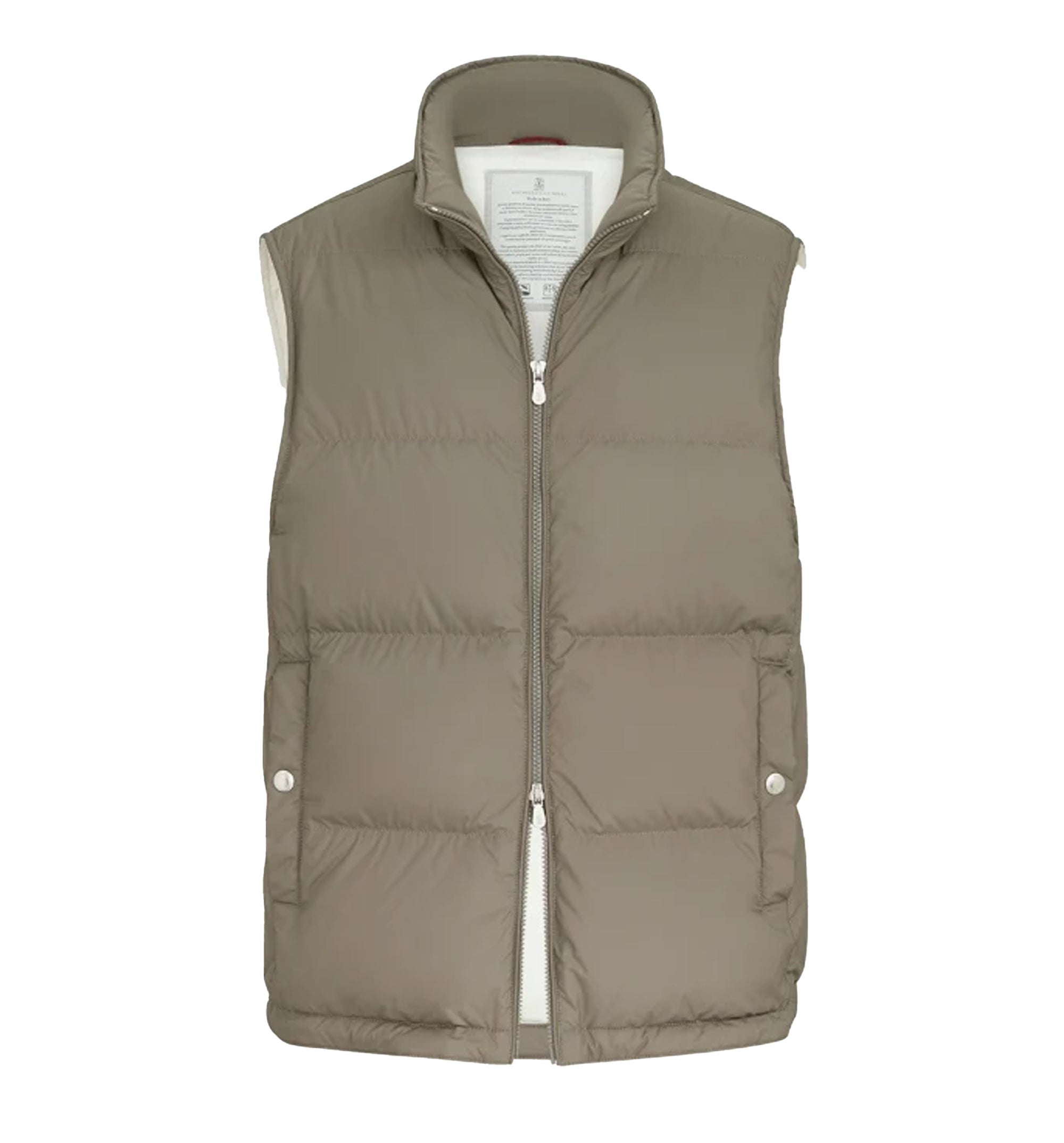 Lightweight techno fabric down vest with packable hood