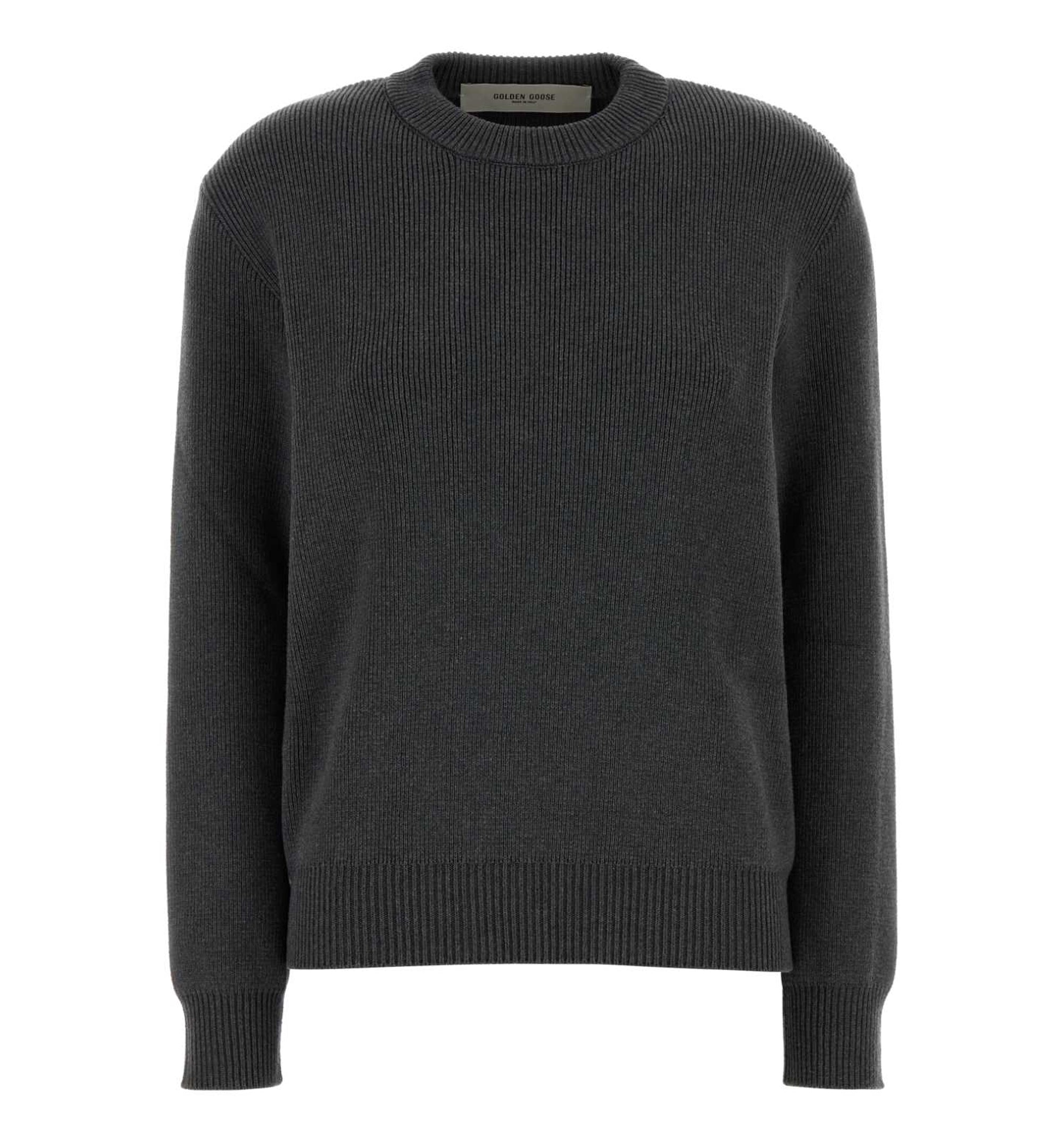 Round-Neck Sweater in Dark Gray Cotton with Logo on the Back