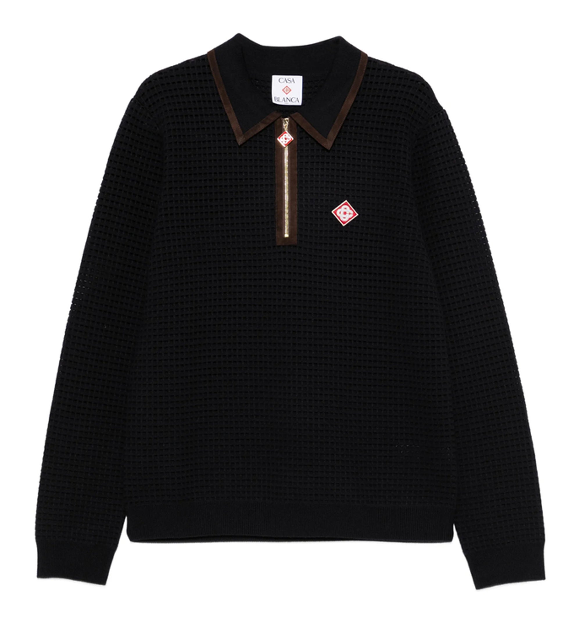 Navy Wool Waffle Stitch Long Sleeve Polo Shirt