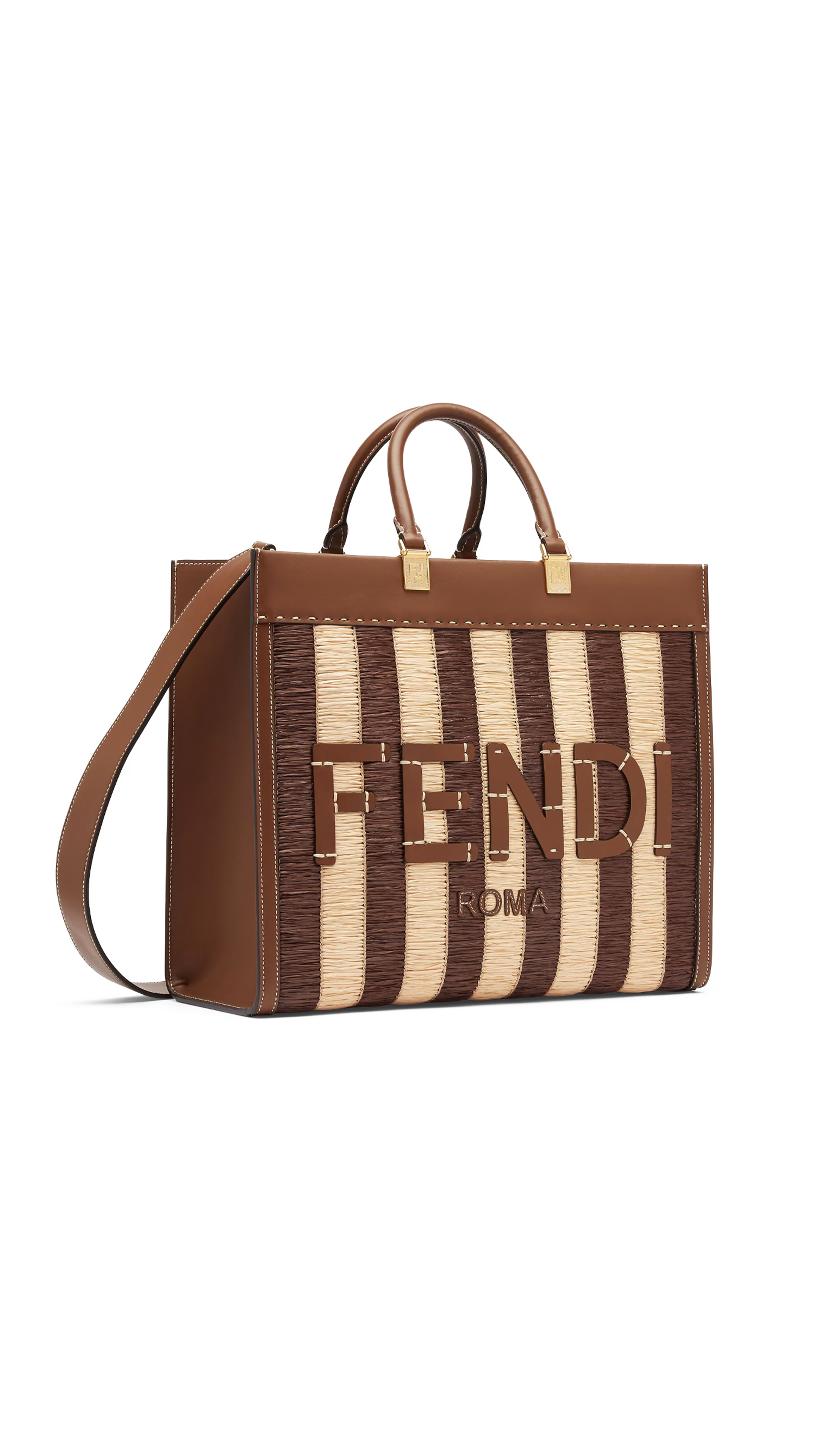 Fendi Sunshine Medium Shopper in Raffia and Leather - Brown/Natural