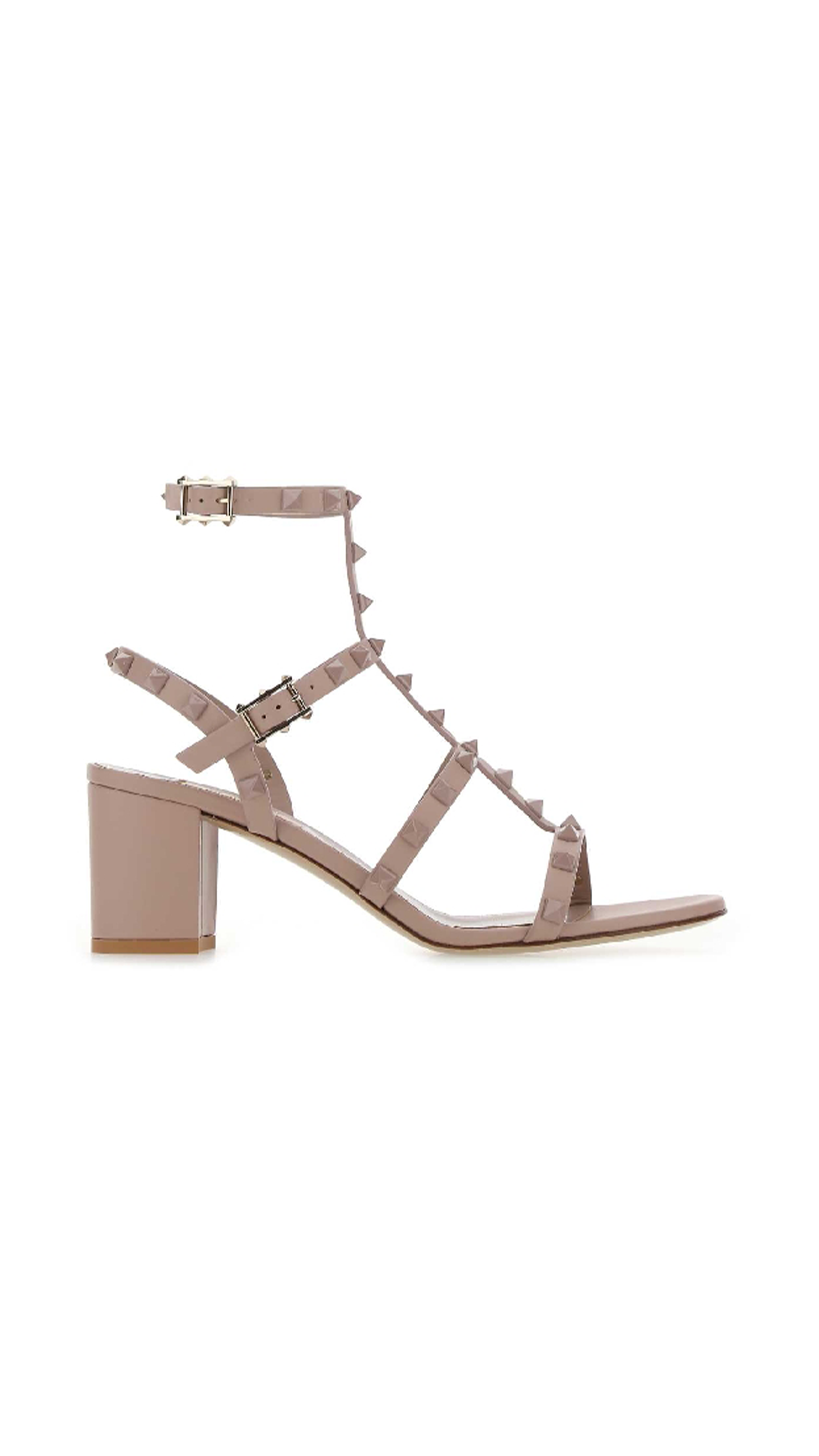 Rockstud Calfskin Ankle Strap Sandal with Tonal Studs 60MM - Poudre