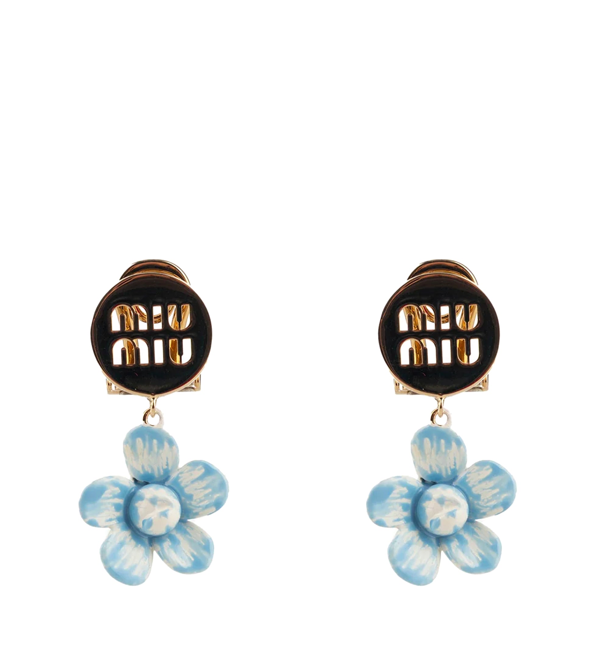 Flower-pendant logo-plaque earrings