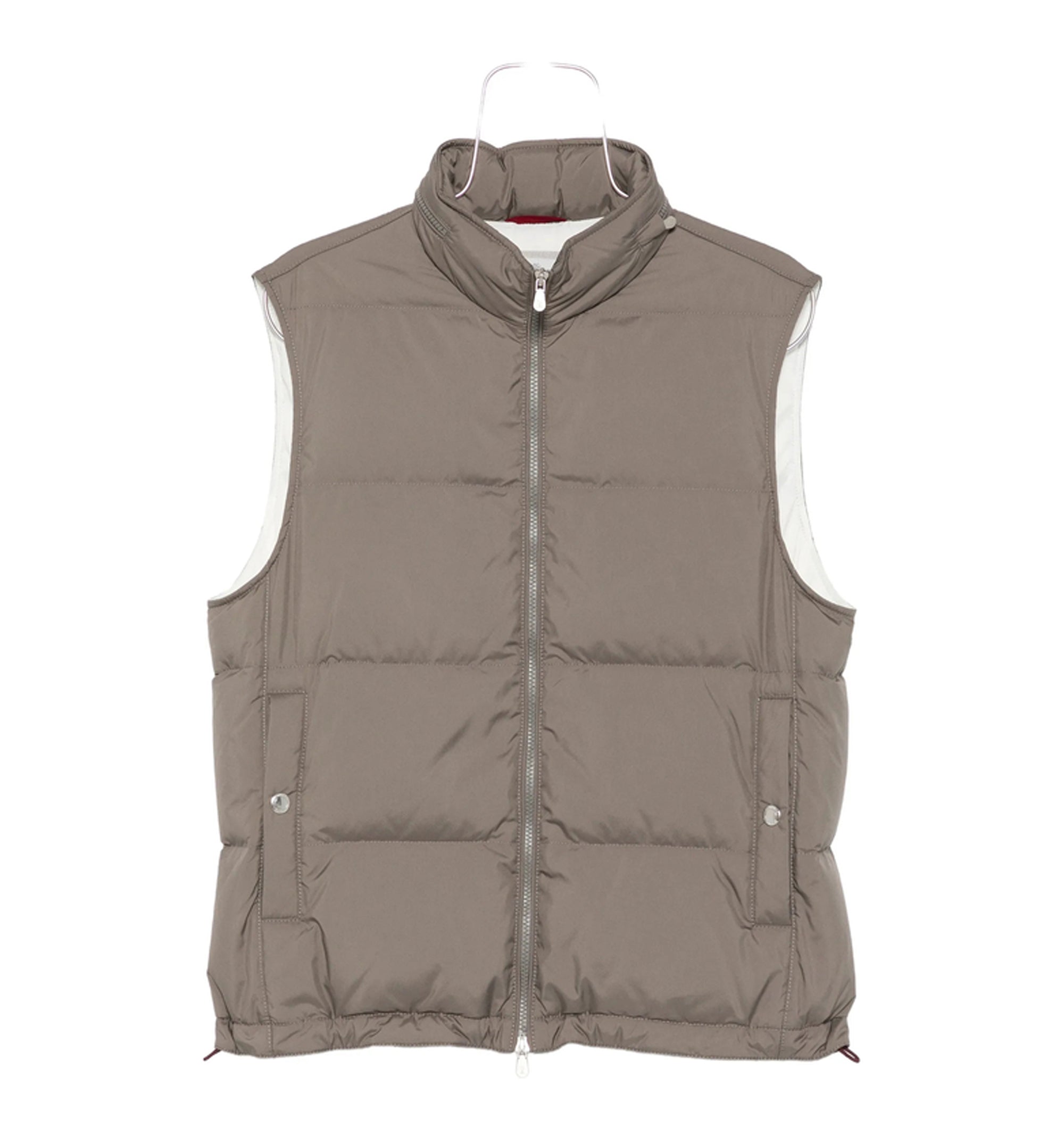 Lightweight techno fabric down vest with packable hood