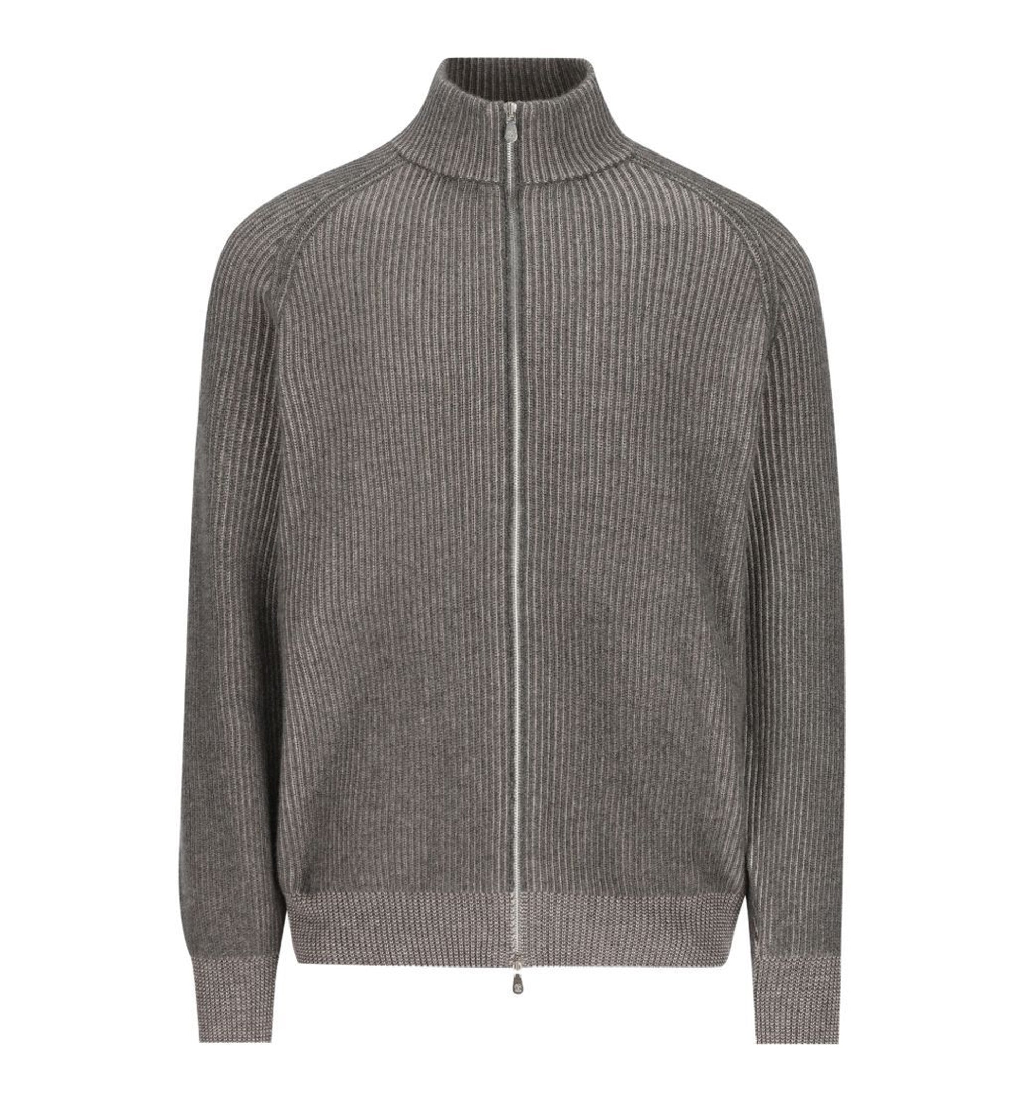 Cashmere vanisé English rib high-neck cardigan with zipper