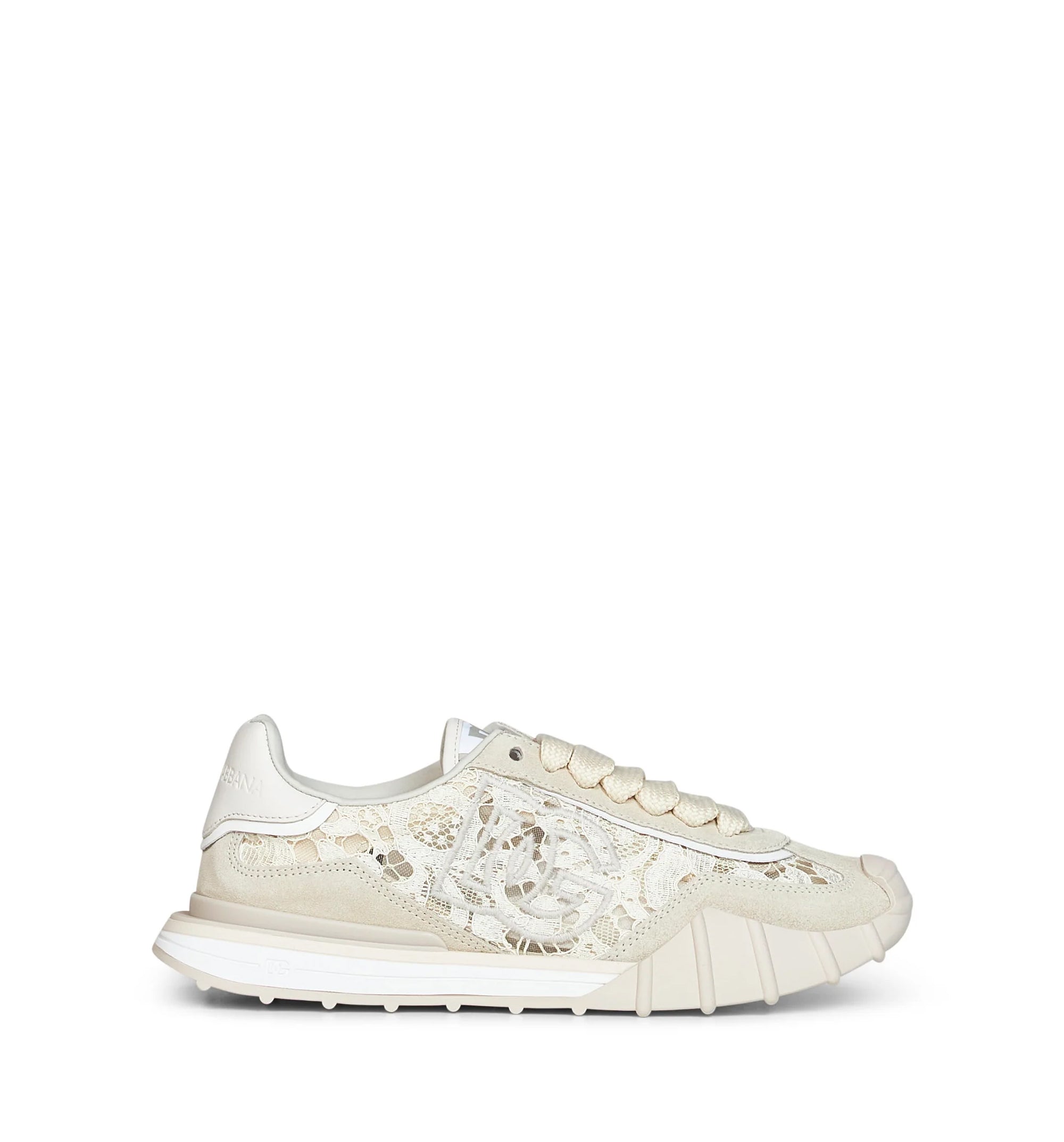 Beige And Chalk Lace And Calf Suede Low-Top Sneakers