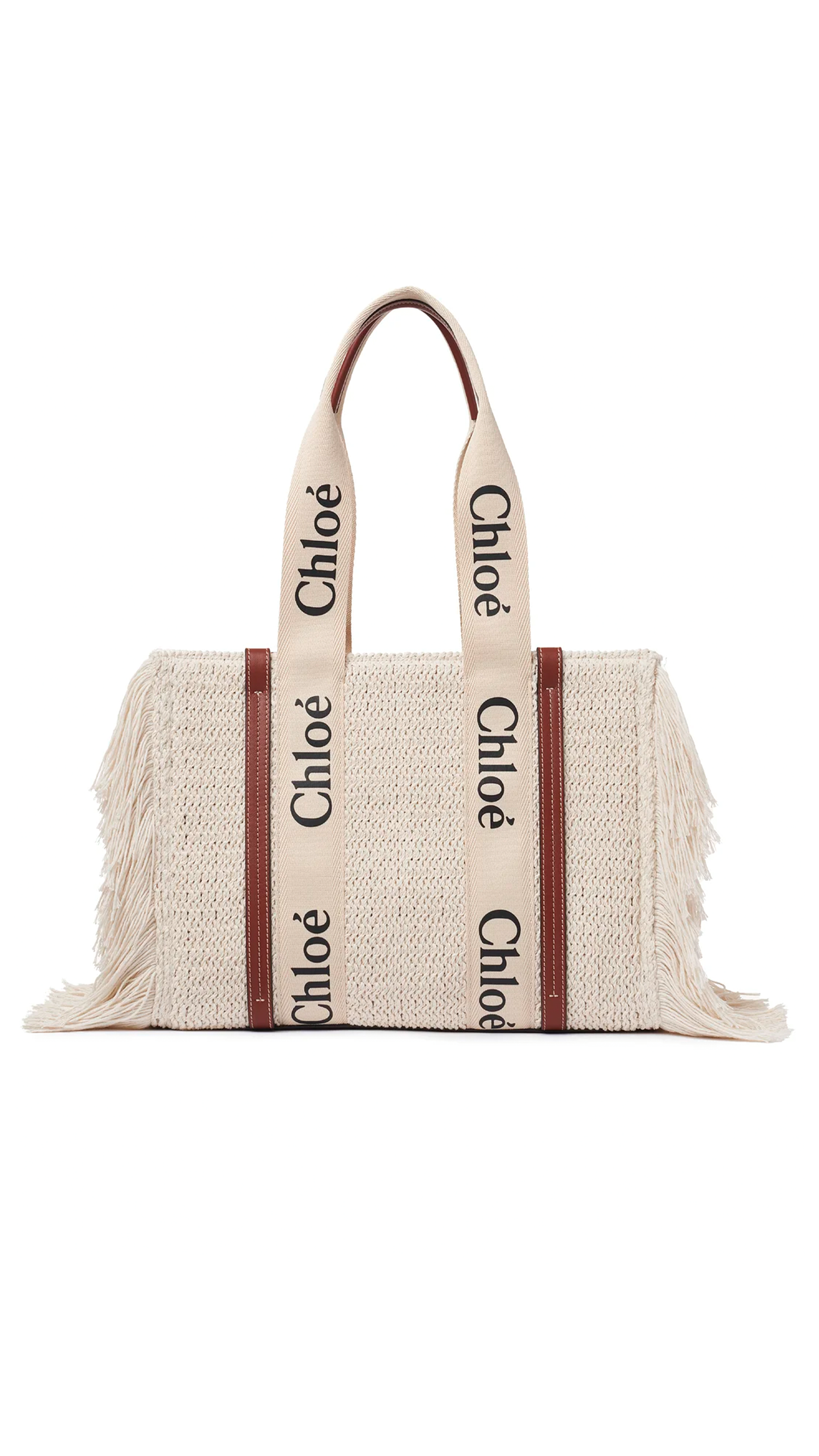 Medium Woody Tote Bag with Fringes - Off-white