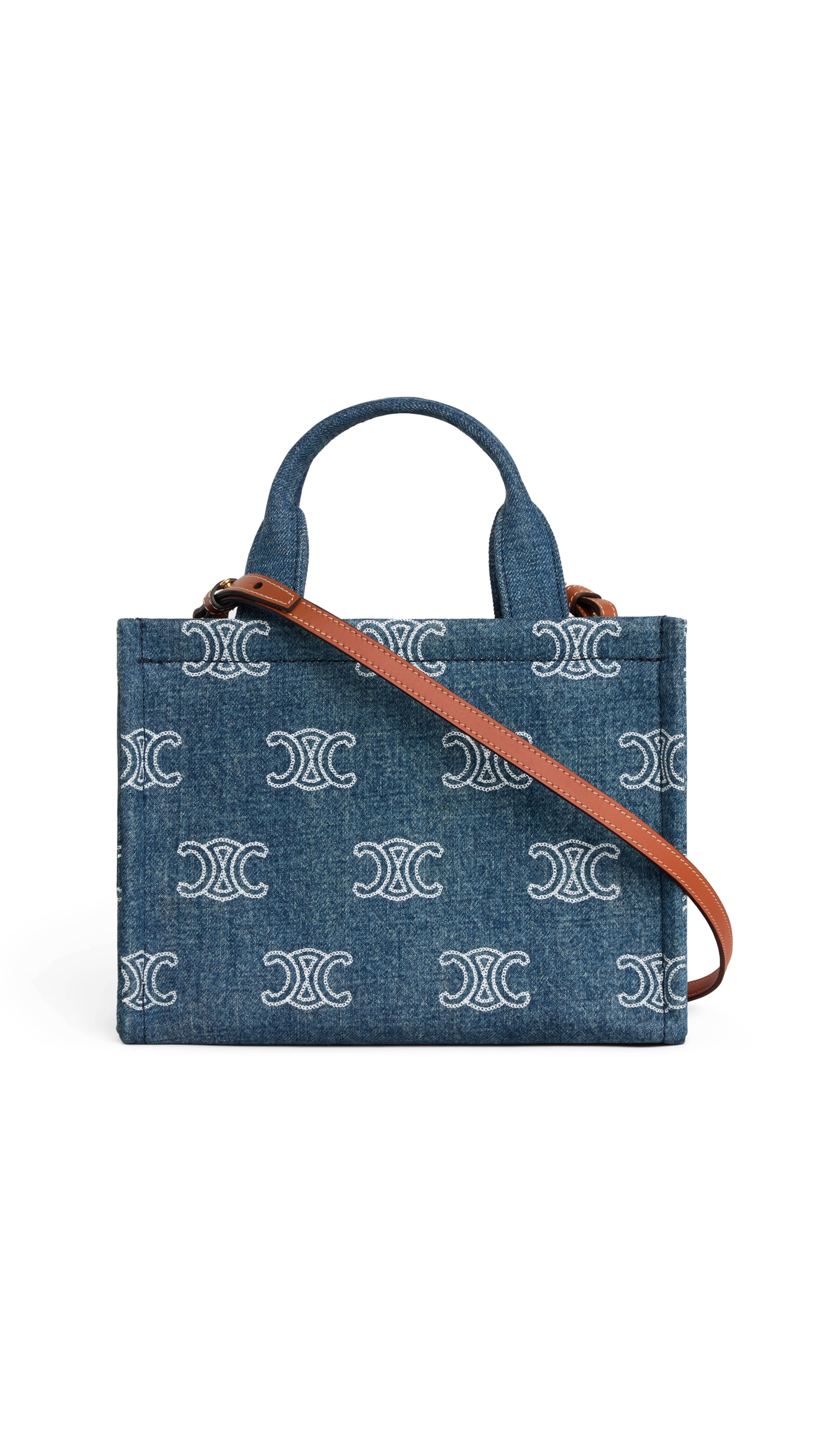 Small Cabas Thais in Denim with Triomphe Allover Embroidery and Calfskin - Navy/Tan