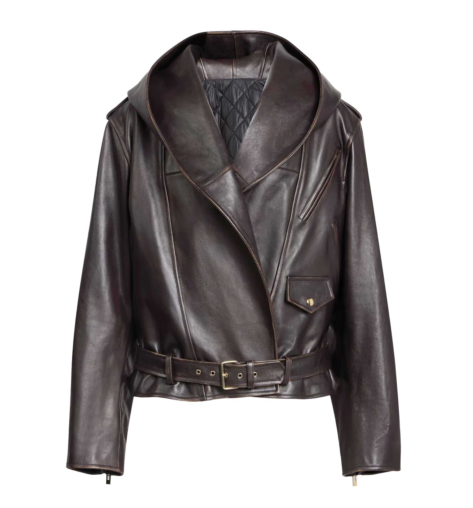 Leather Hooded Biker Jacket