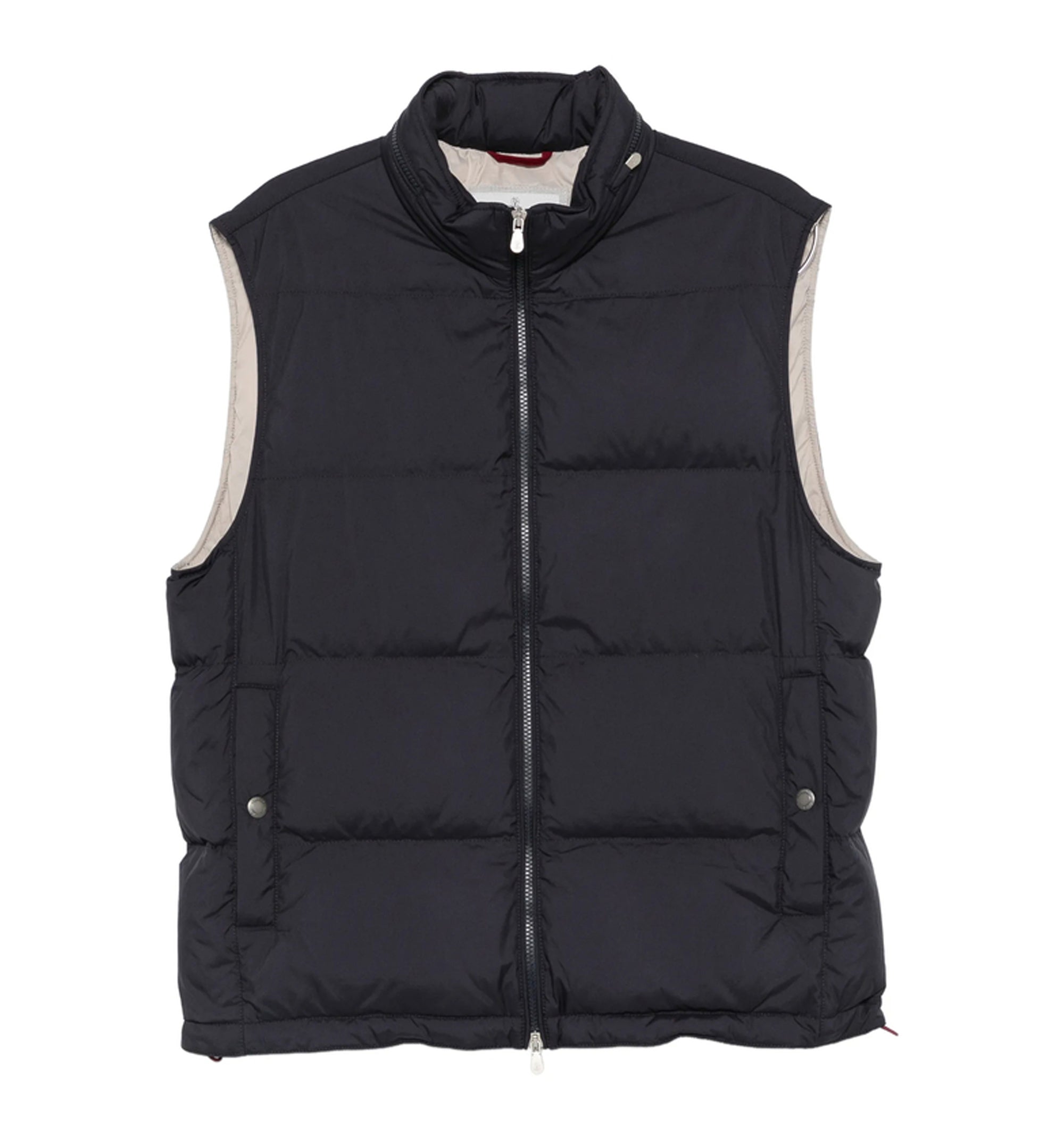 Lightweight techno fabric down vest with packable hood