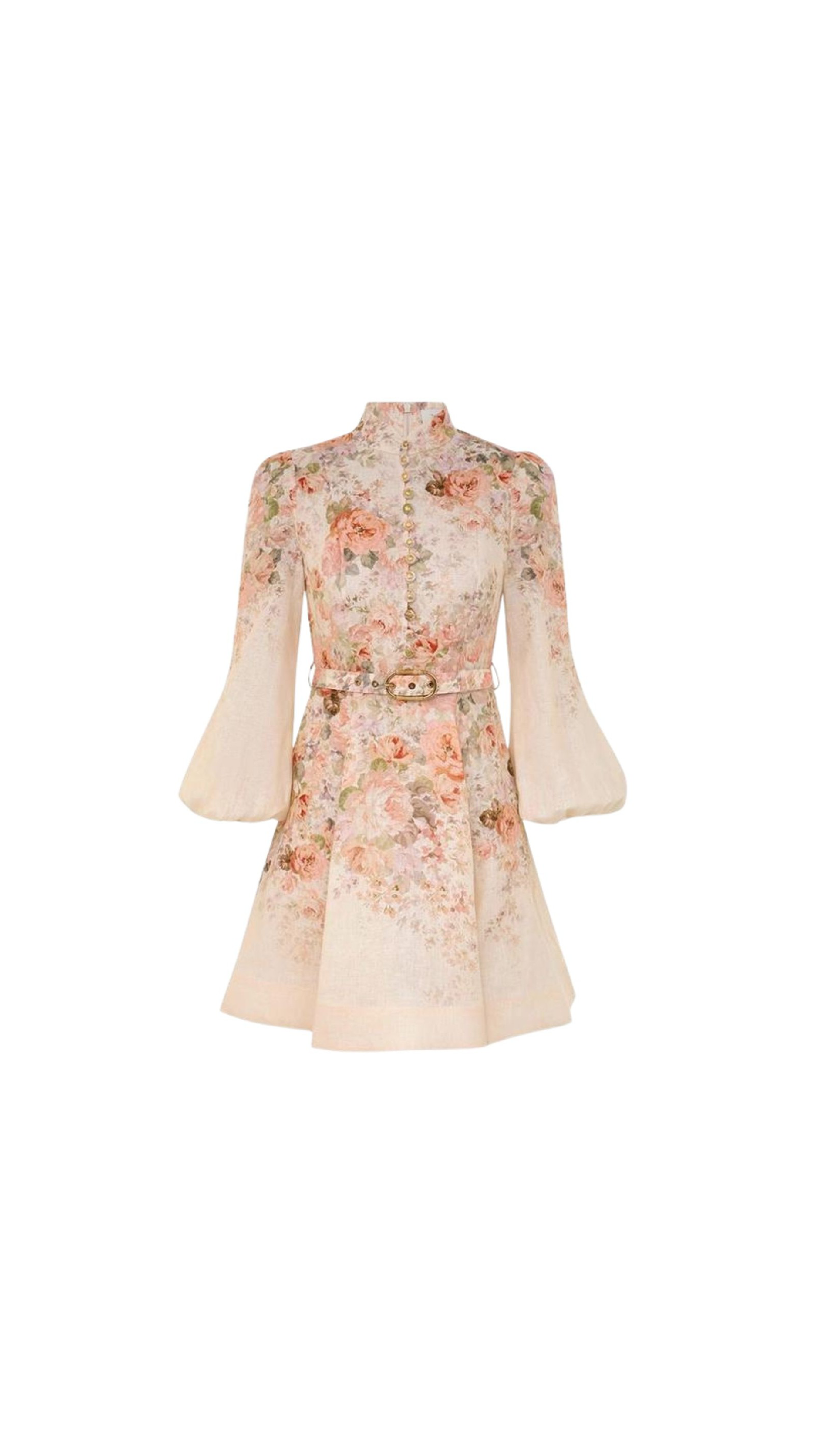 Illustration Buttoned Mini Dress - Cream Rococo Floral