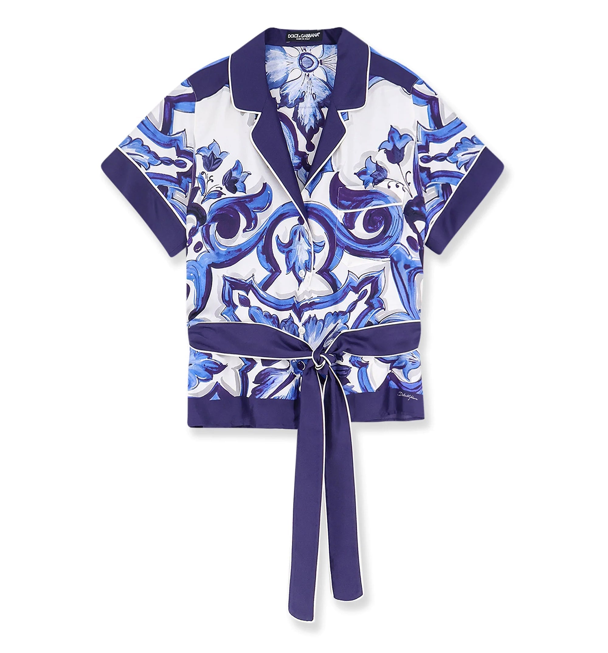 Majolica-Print Belted Silk Shirt