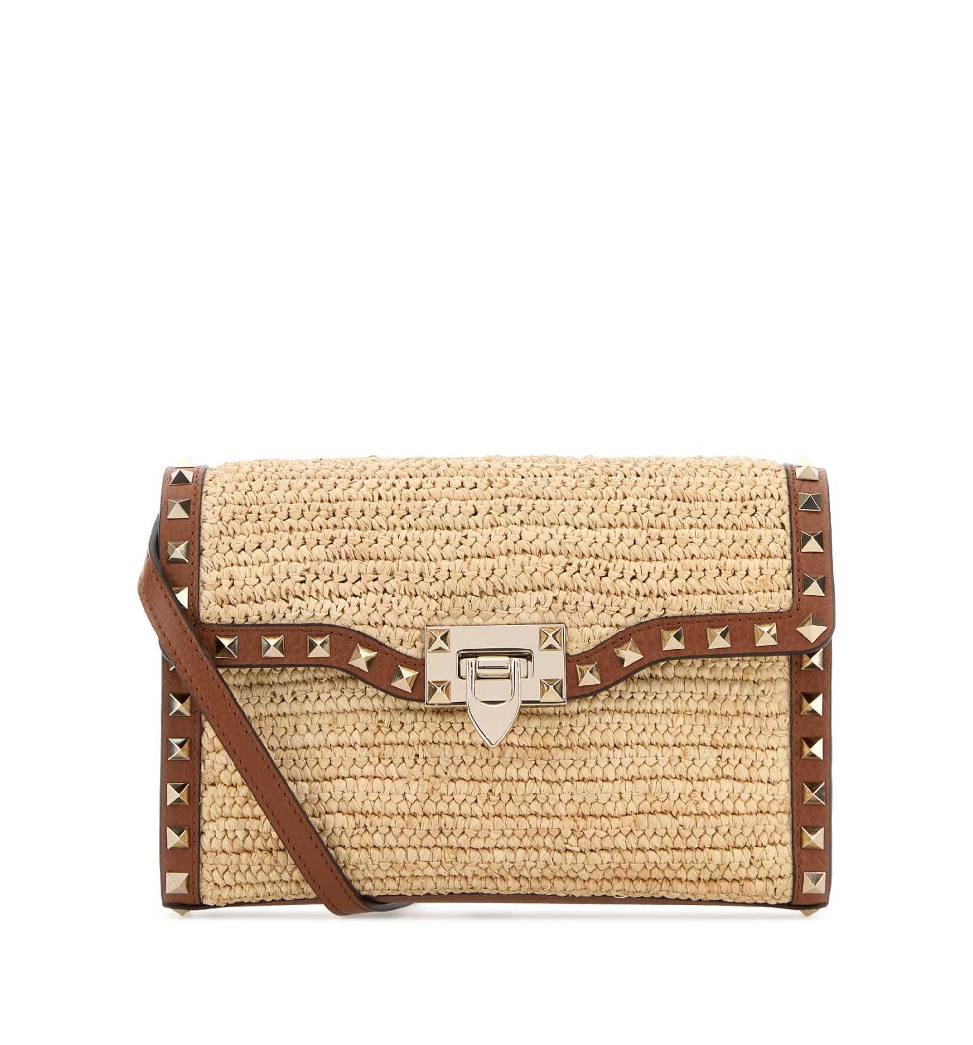 Rockstud Small Shoulder Bag In Raffia