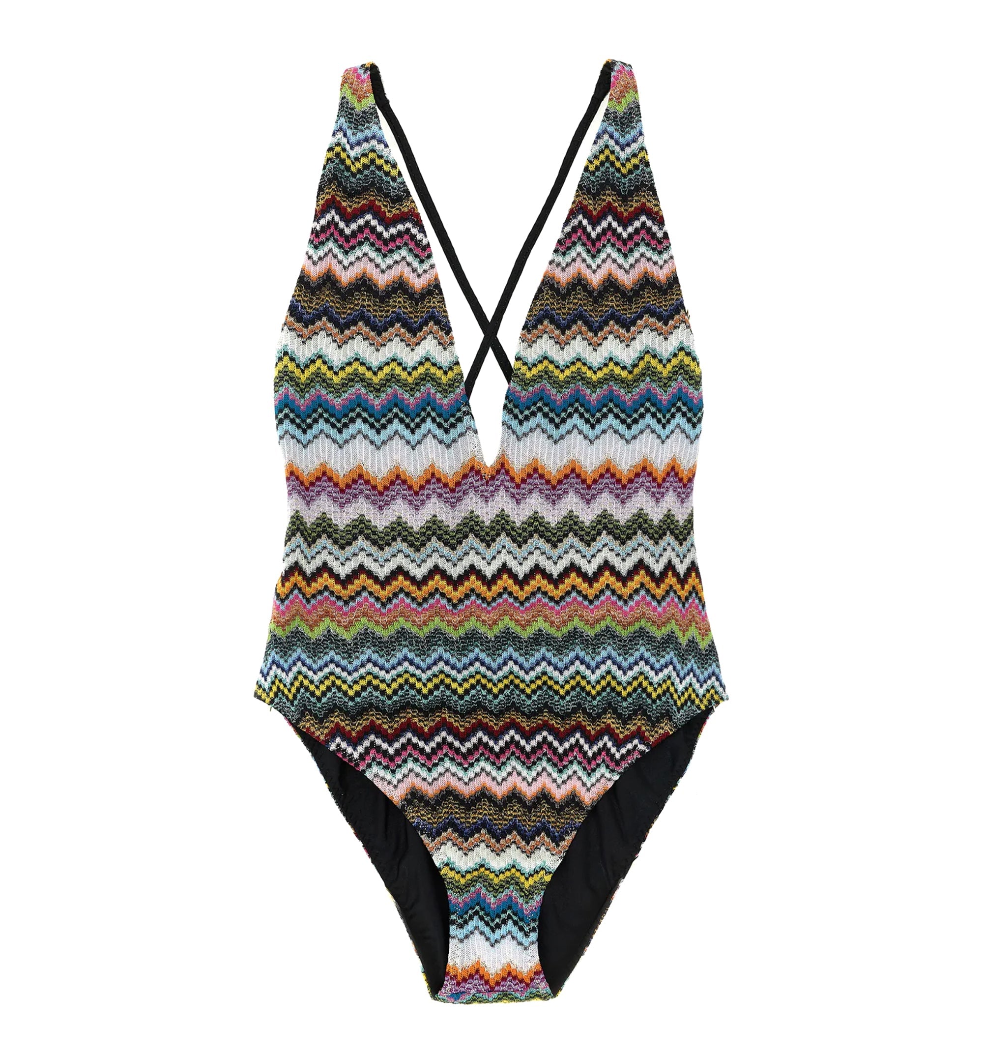 One-Piece Swimsuit In Lamé Viscose With Pixel-Effect Zigzag Pattern And V-Neckline