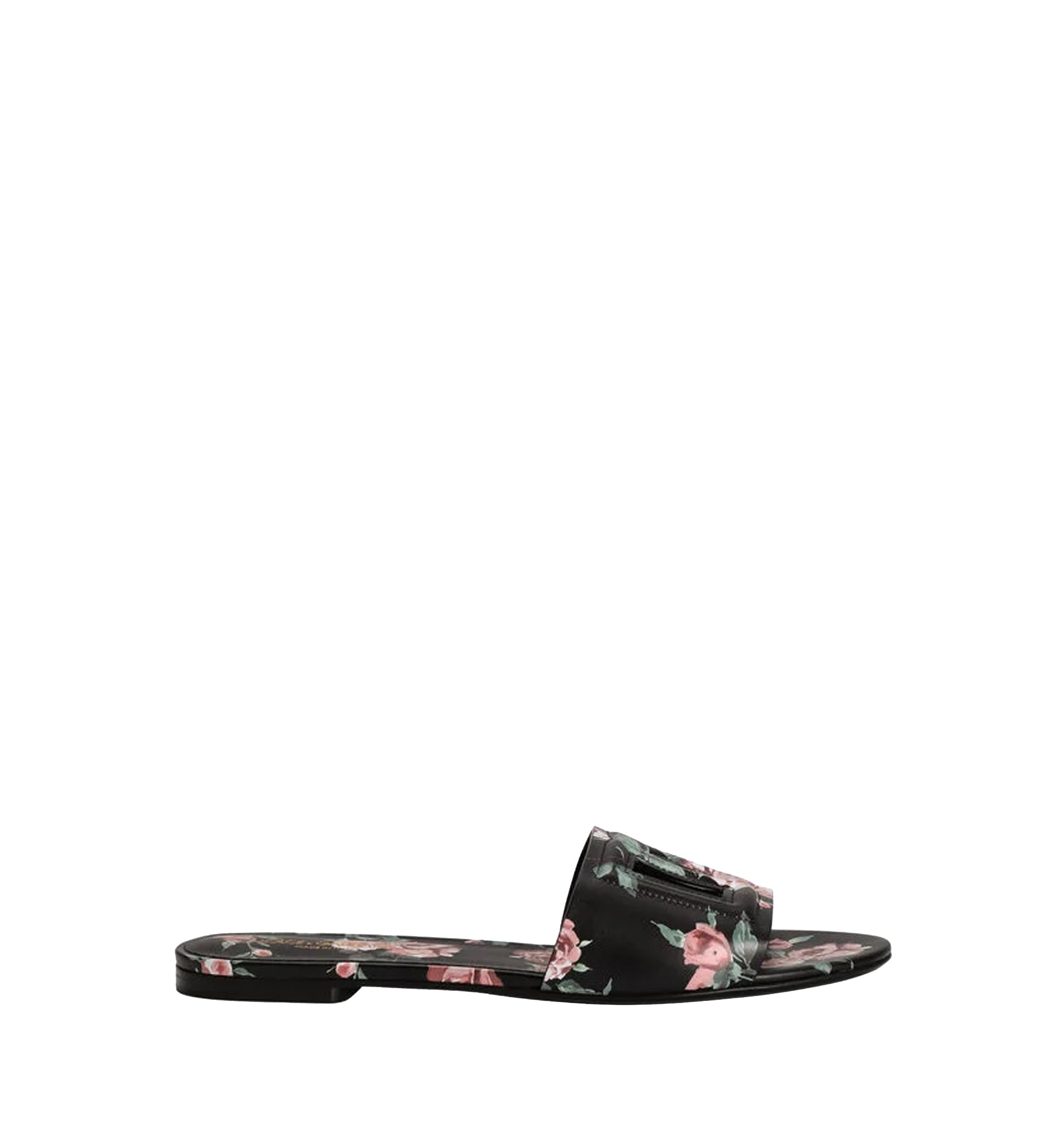 Calfskin Flat Slippers With Rose Print