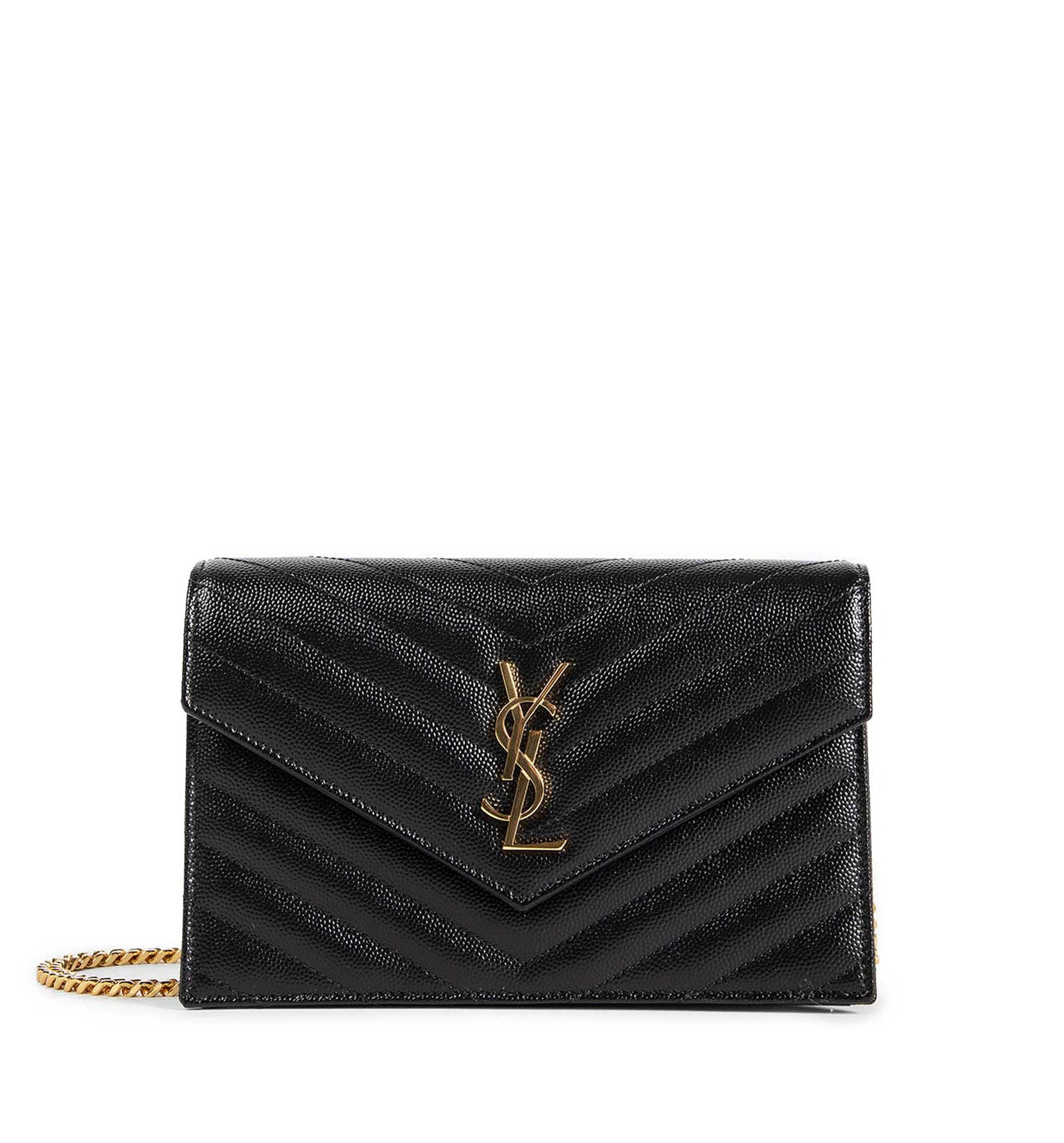 Cassandre Matelassé Envelope Chain Wallet in Grain de Poudre Embossed Leather - Black
