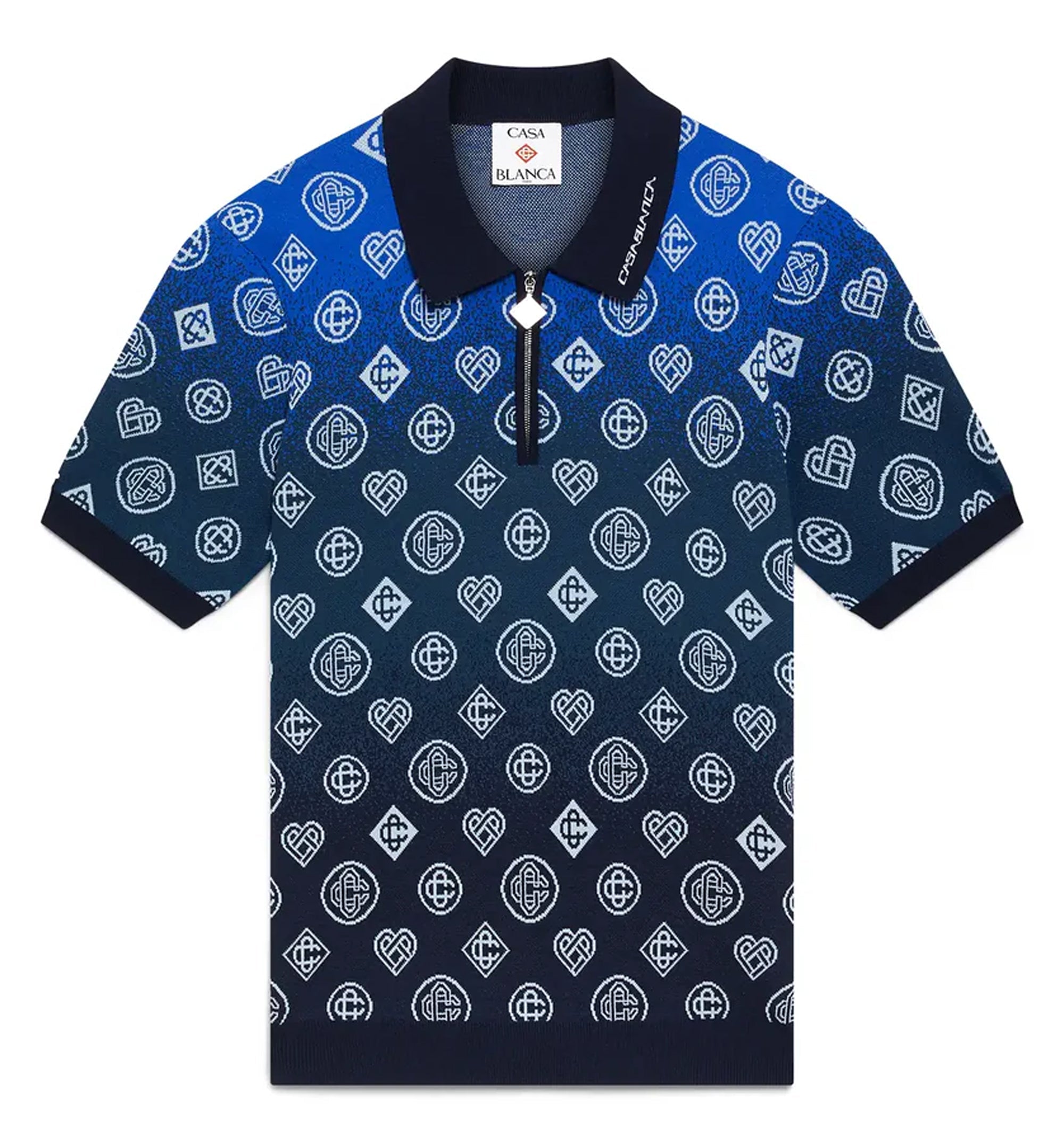 Navy Gradient Monogram Knitted Short Sleeve Polo Shirt