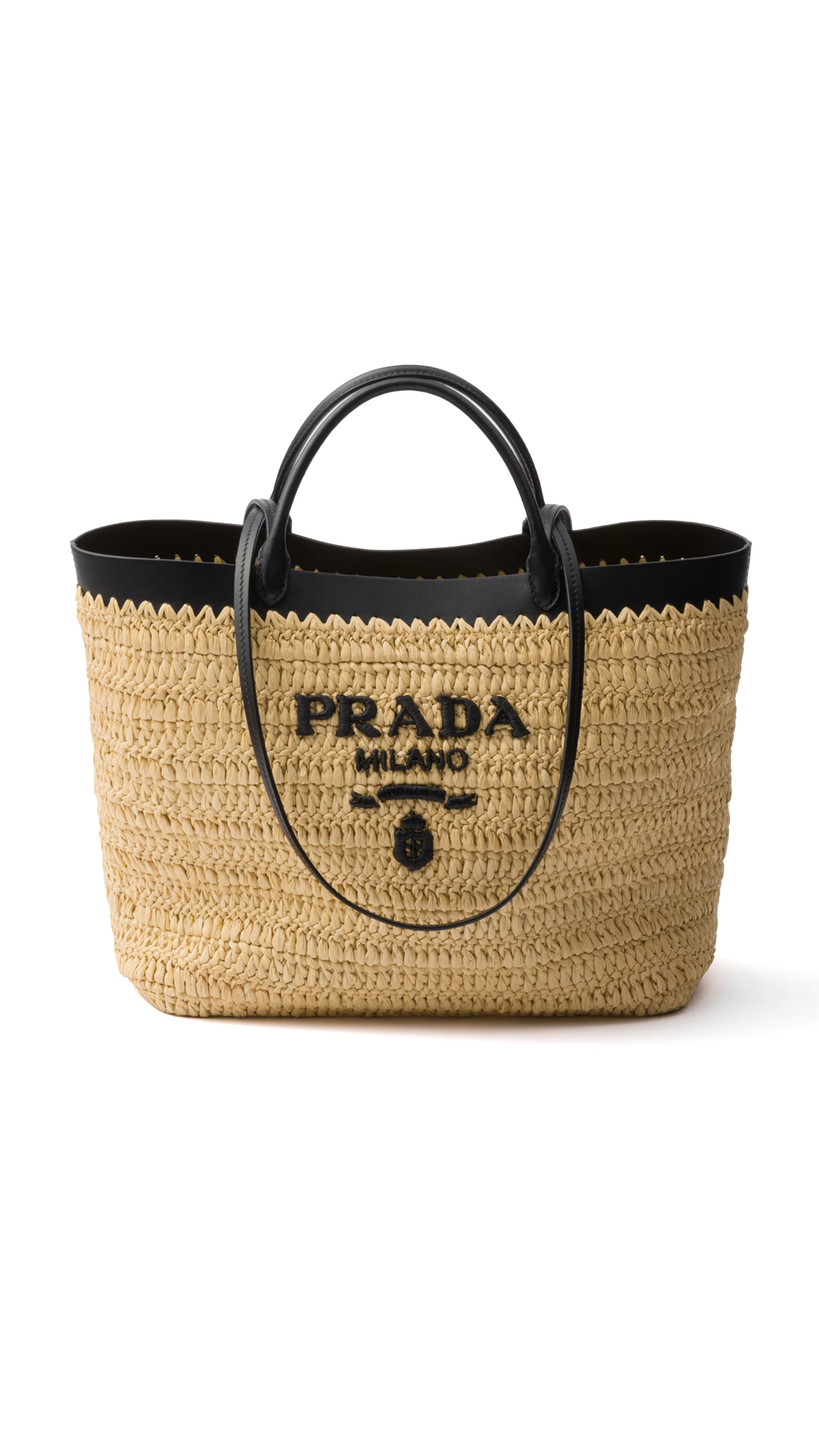 Medium Woven Fabric and Leather Tote Bag - Tan/Black