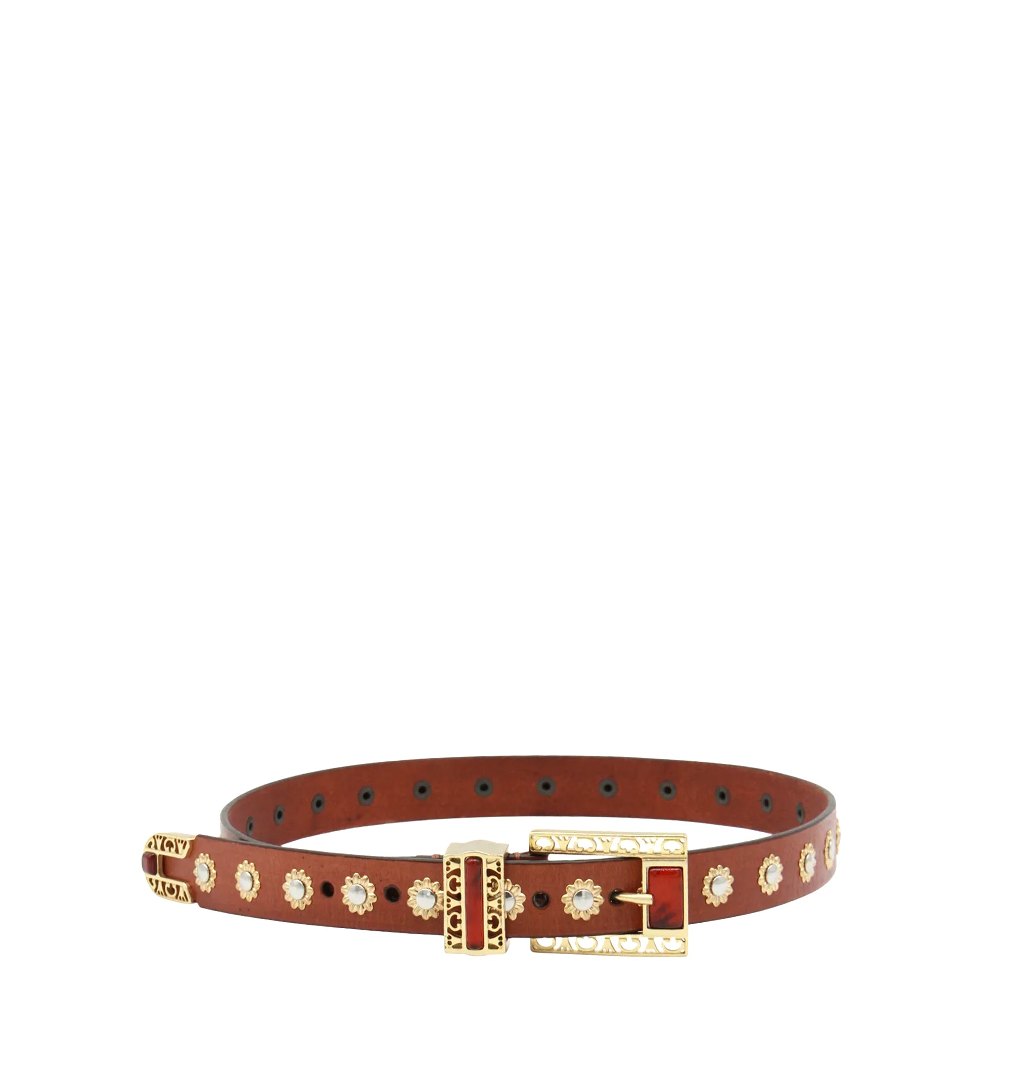 Leather Belt With Floral Studs And Amber Inserts