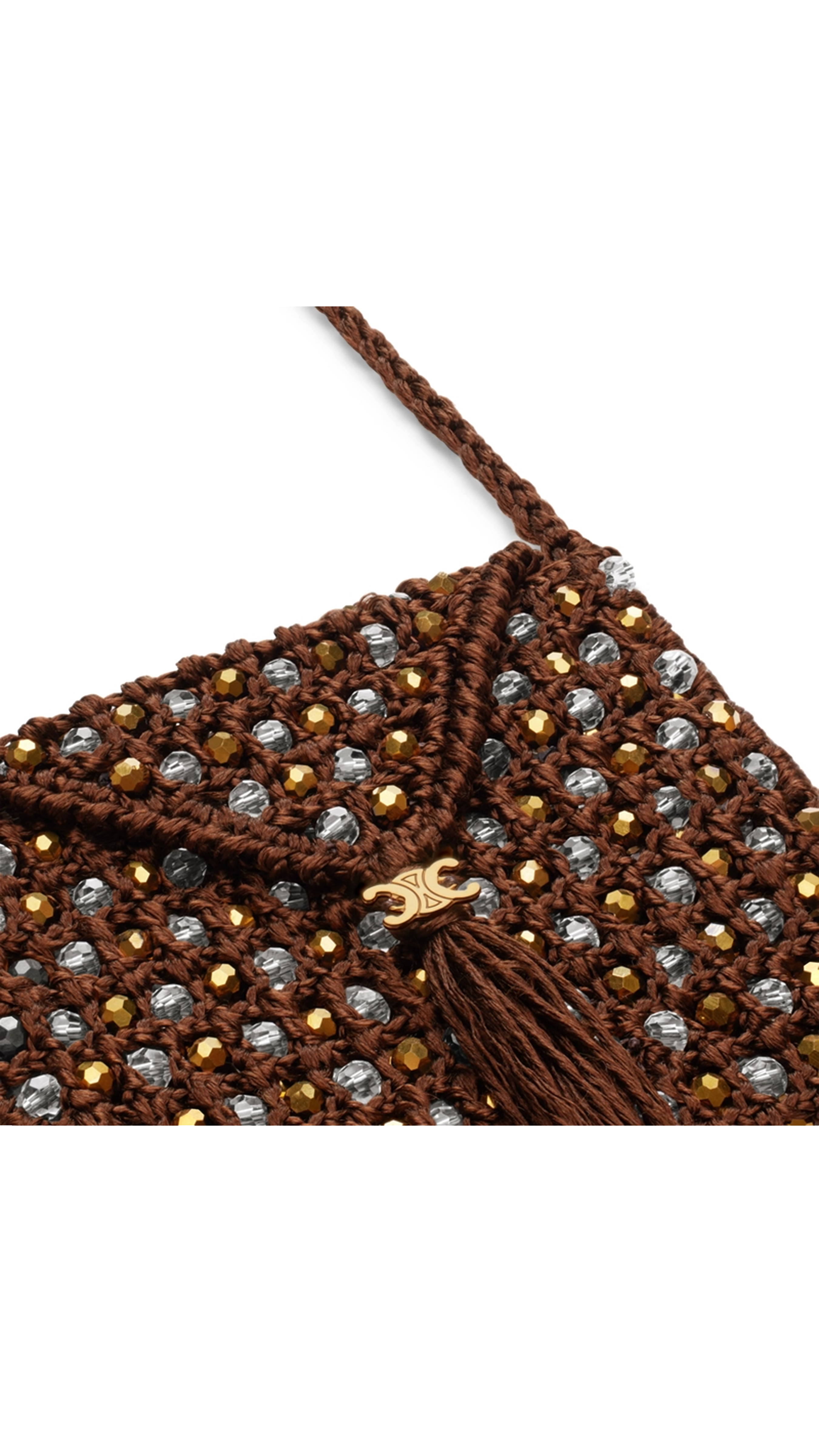 Mini Bag in Crocheted Silk and Pearls - Brown