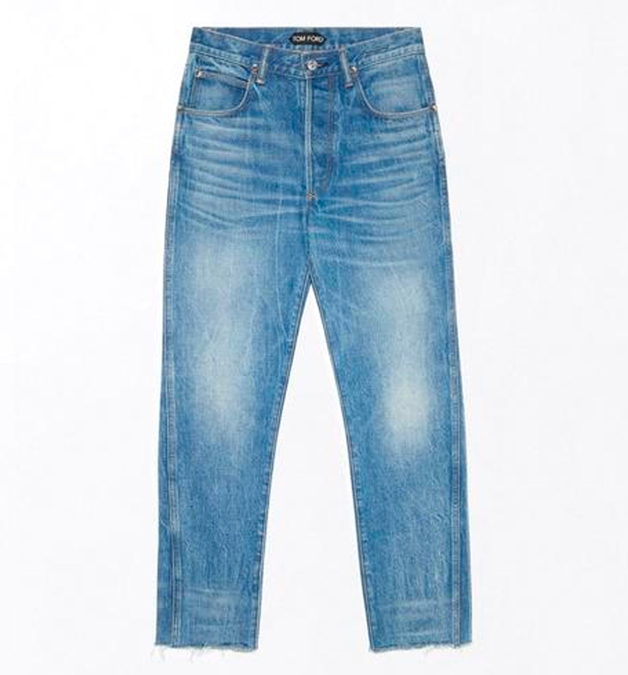 Stonewashed Denim Melanie Straight Pants With T-Trim And Frayed Hem
